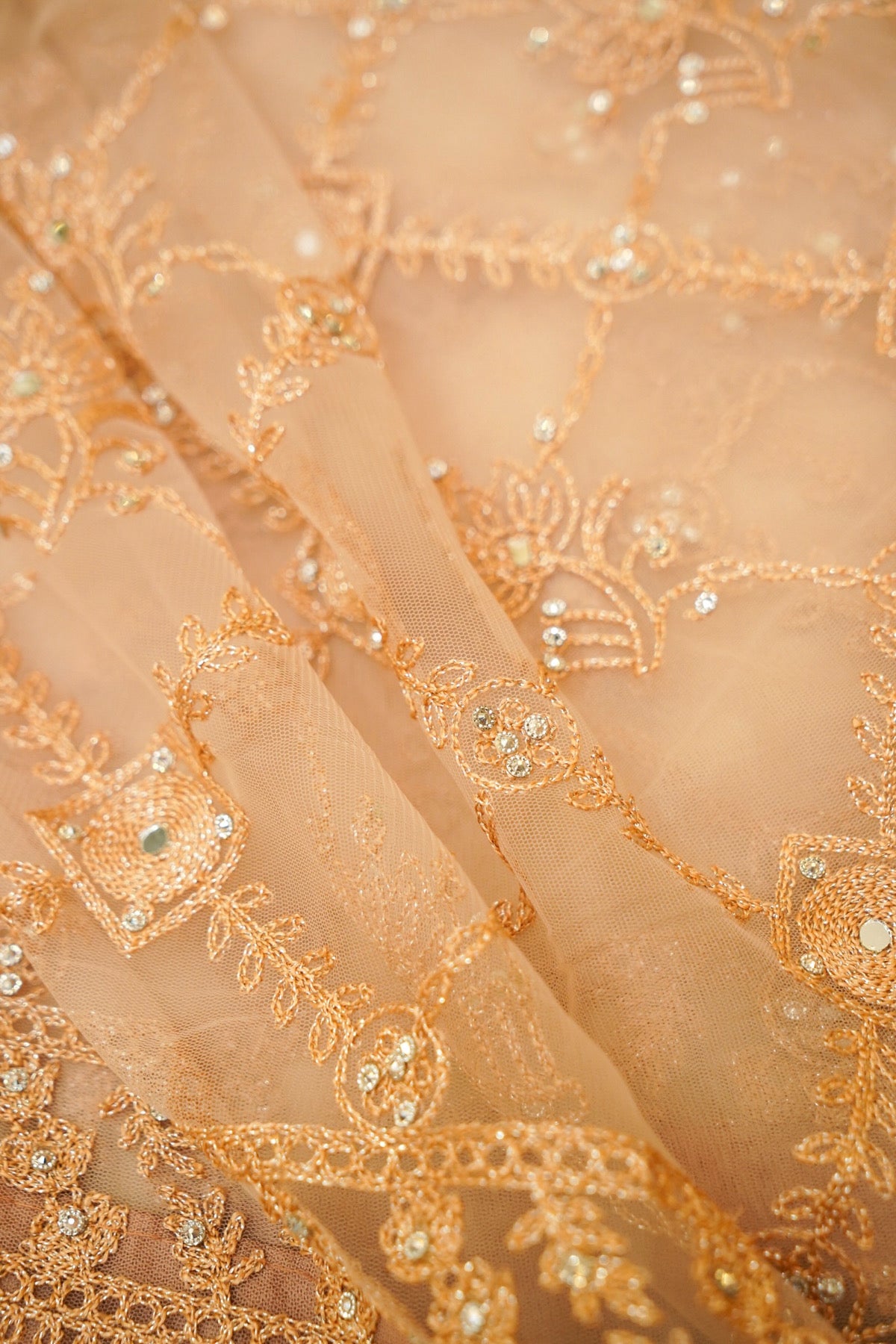 Champagne Peach Geometric Floral Embroidered Designer Net Saree with Readymade Blouse