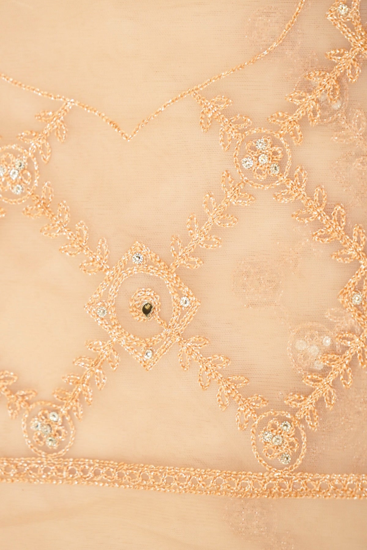 Champagne Peach Geometric Floral Embroidered Designer Net Saree with Readymade Blouse