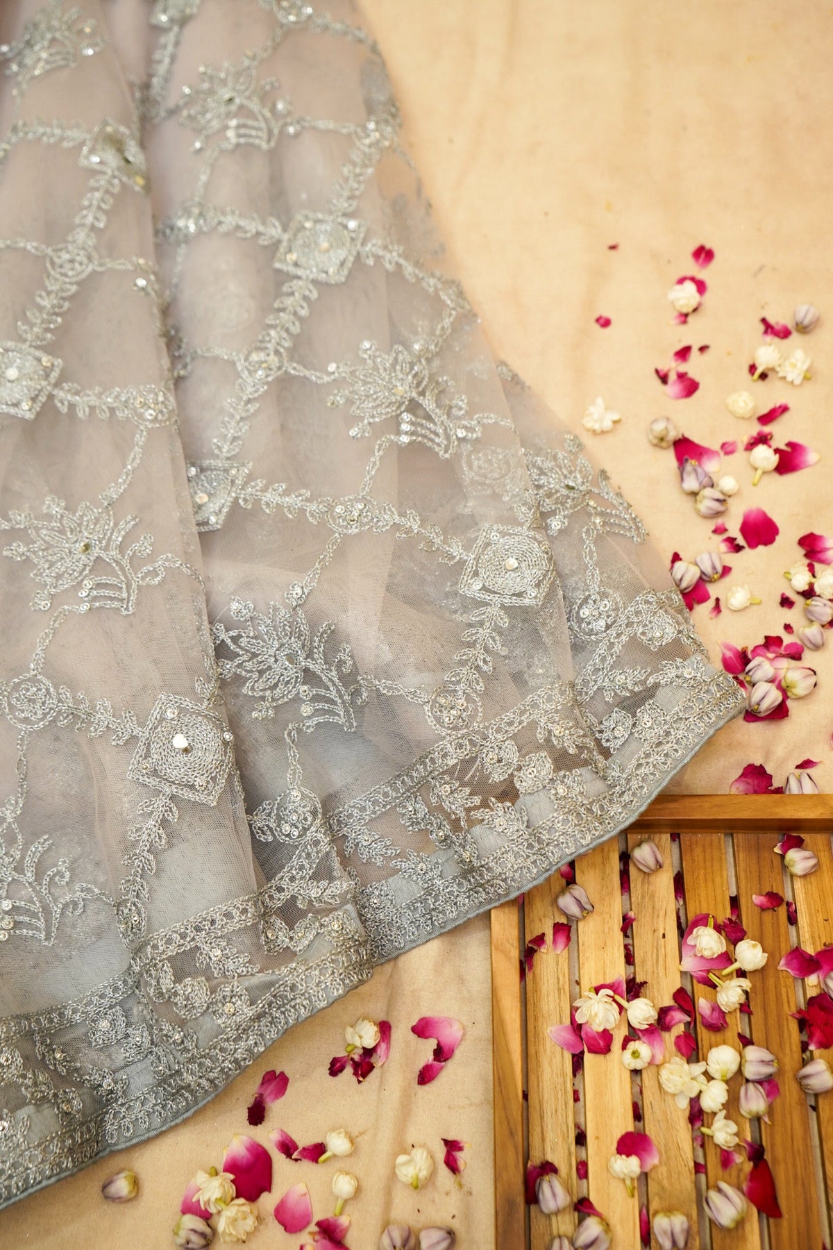 Silver Grey Geometric Floral Embroidered Designer Net Saree with Readymade Blouse