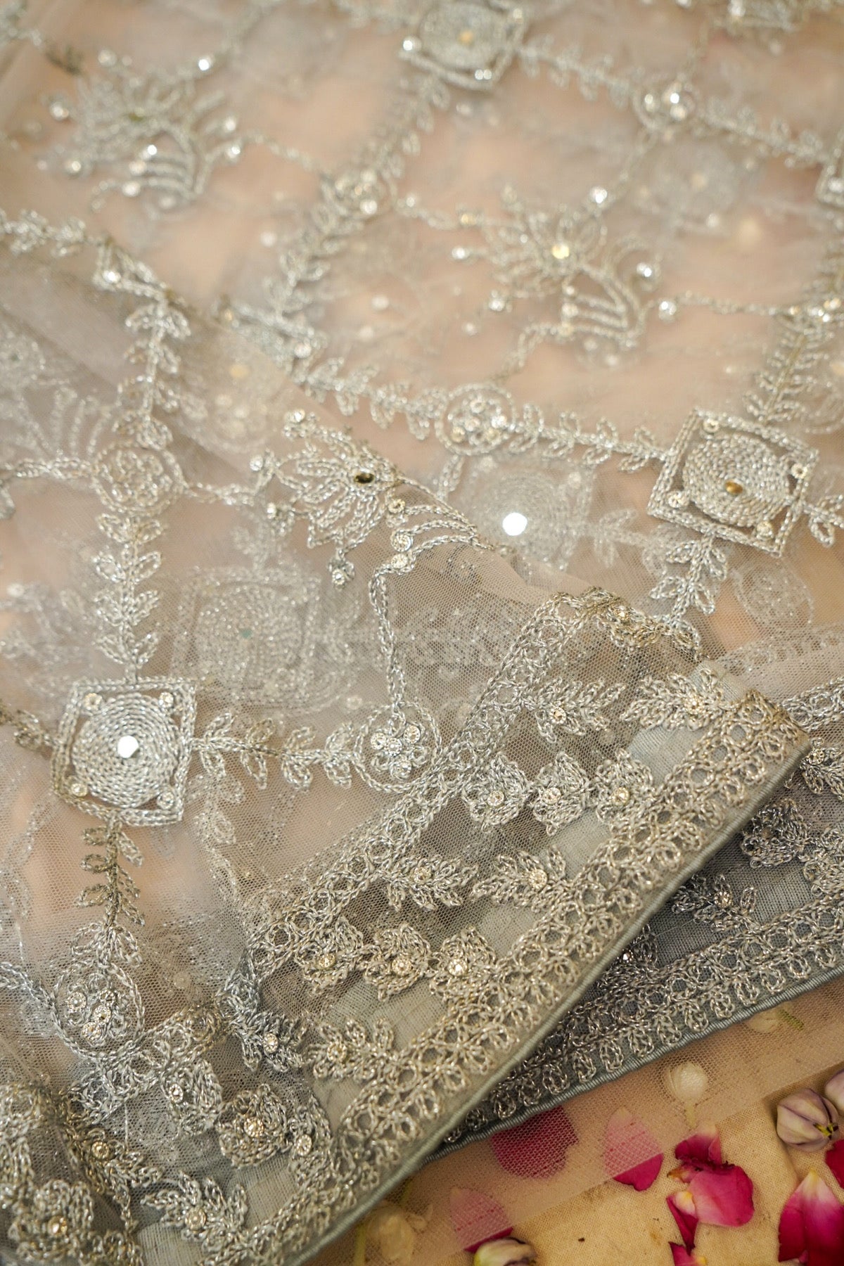 Silver Grey Geometric Floral Embroidered Designer Net Saree with Readymade Blouse