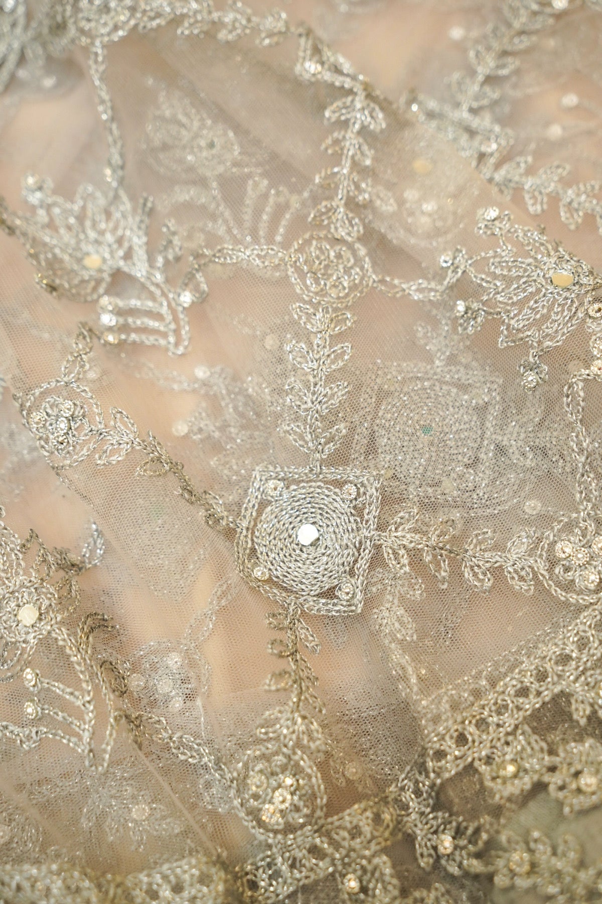 Silver Grey Geometric Floral Embroidered Designer Net Saree with Readymade Blouse