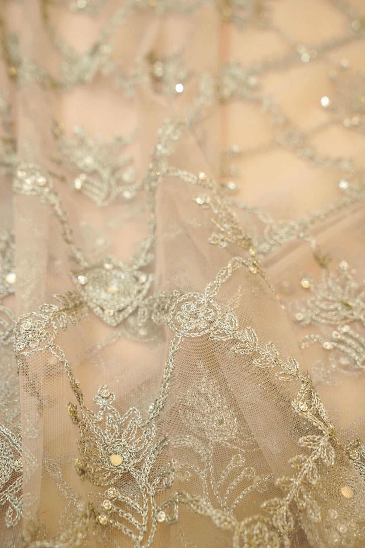 Silver Grey Geometric Floral Embroidered Designer Net Saree with Readymade Blouse