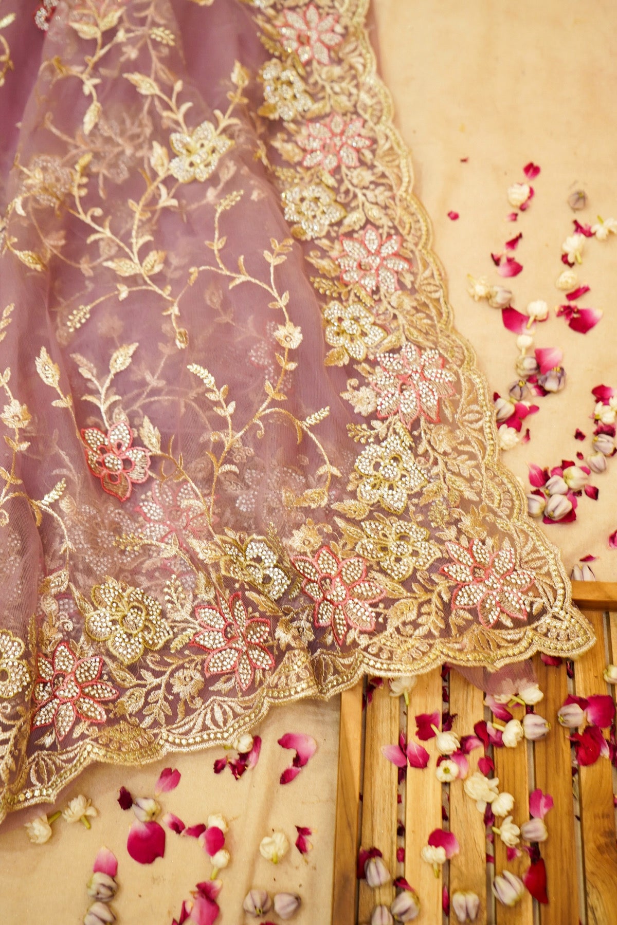 Rose Mauve Pearl Floral Embroidered Designer Net Saree