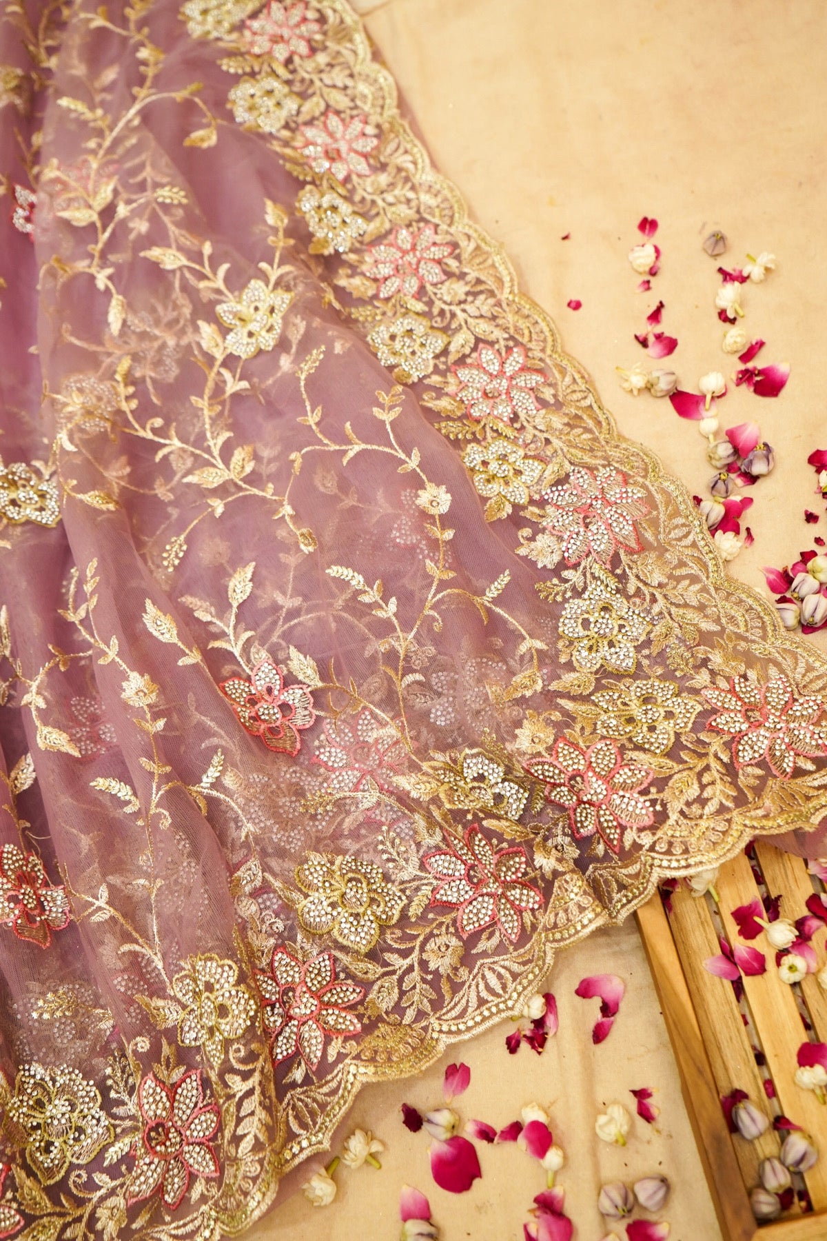 Rose Mauve Pearl Floral Embroidered Designer Net Saree