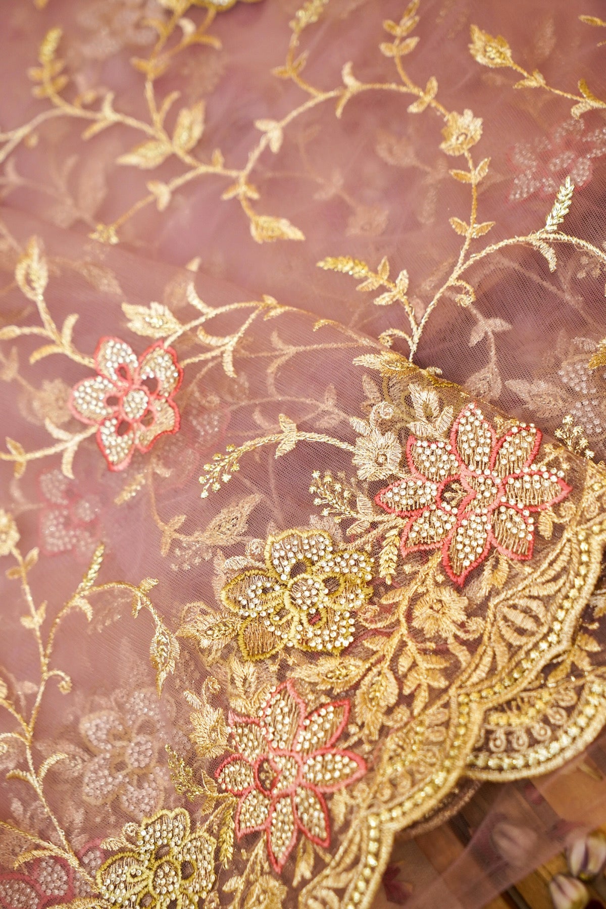 Rose Mauve Pearl Floral Embroidered Designer Net Saree