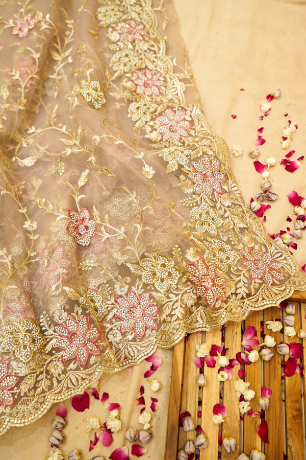Champagne Gold Pearl Floral Embroidered Designer Net Saree