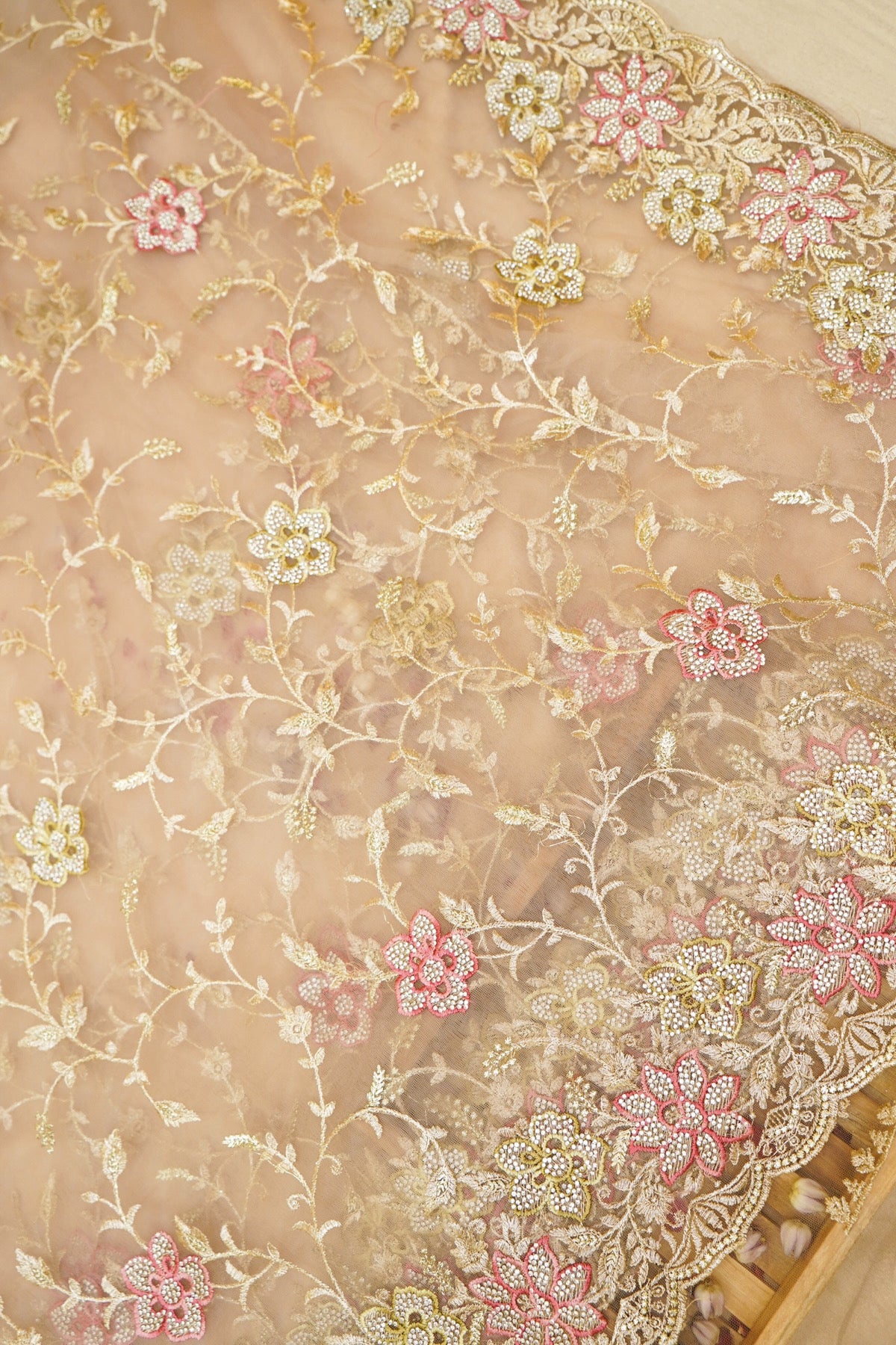 Champagne Gold Pearl Floral Embroidered Designer Net Saree