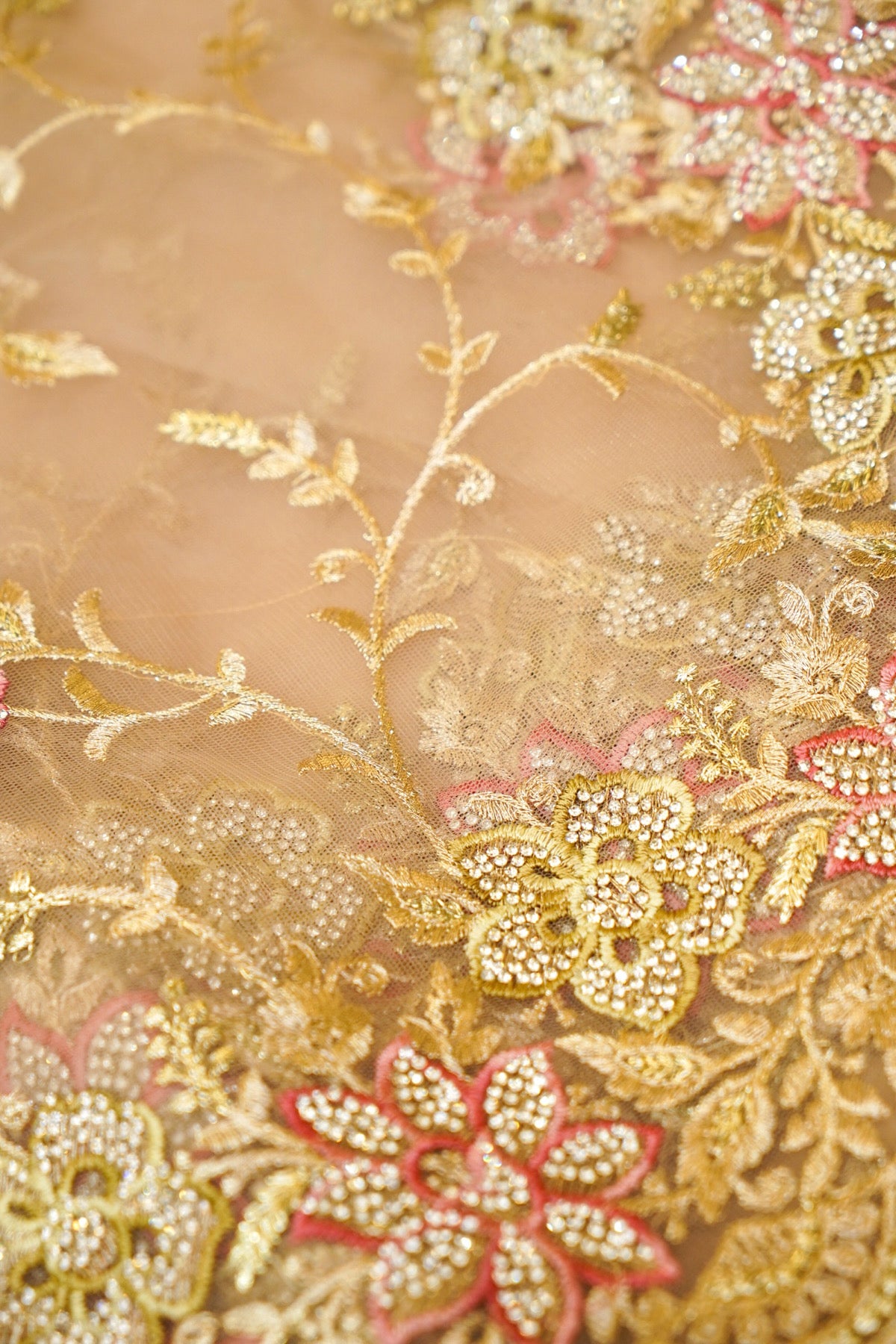 Champagne Gold Pearl Floral Embroidered Designer Net Saree