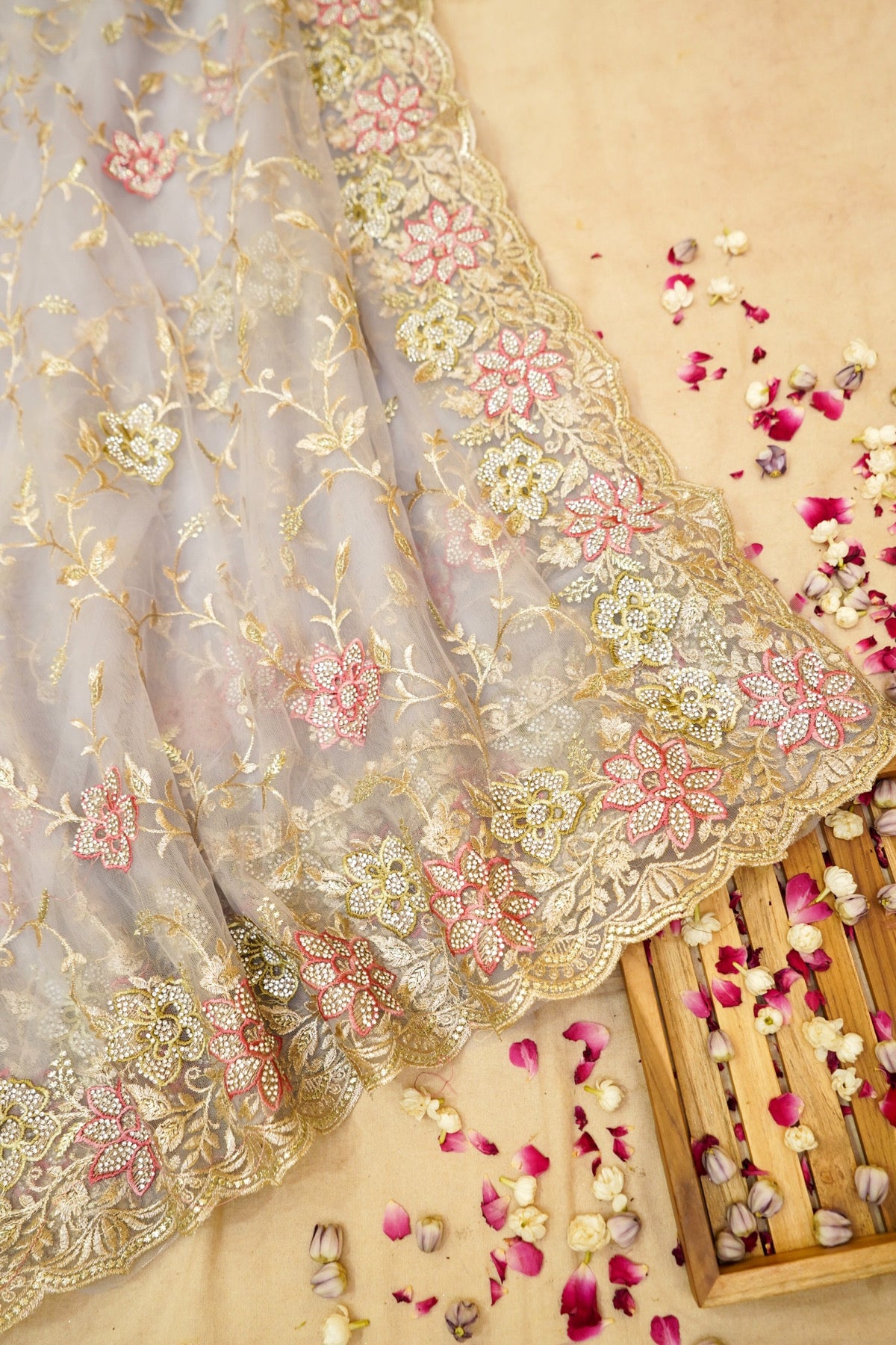 Silver Grey Pearl Floral Embroidered Designer Net Saree