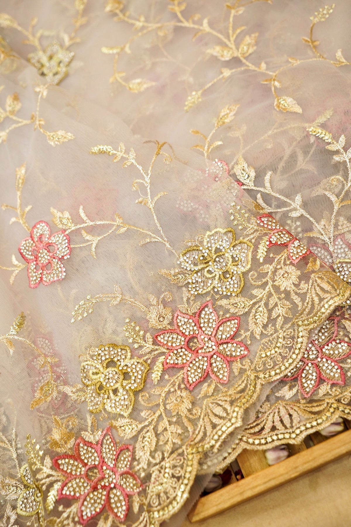 Silver Grey Pearl Floral Embroidered Designer Net Saree