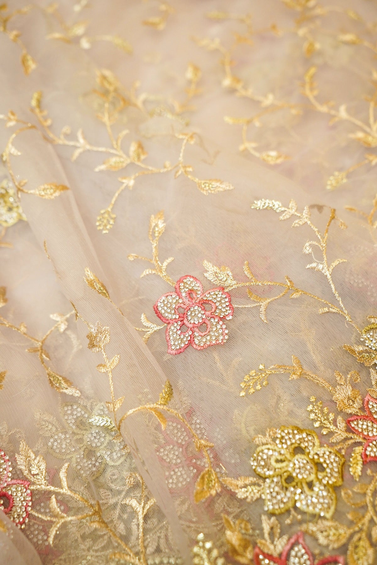 Silver Grey Pearl Floral Embroidered Designer Net Saree