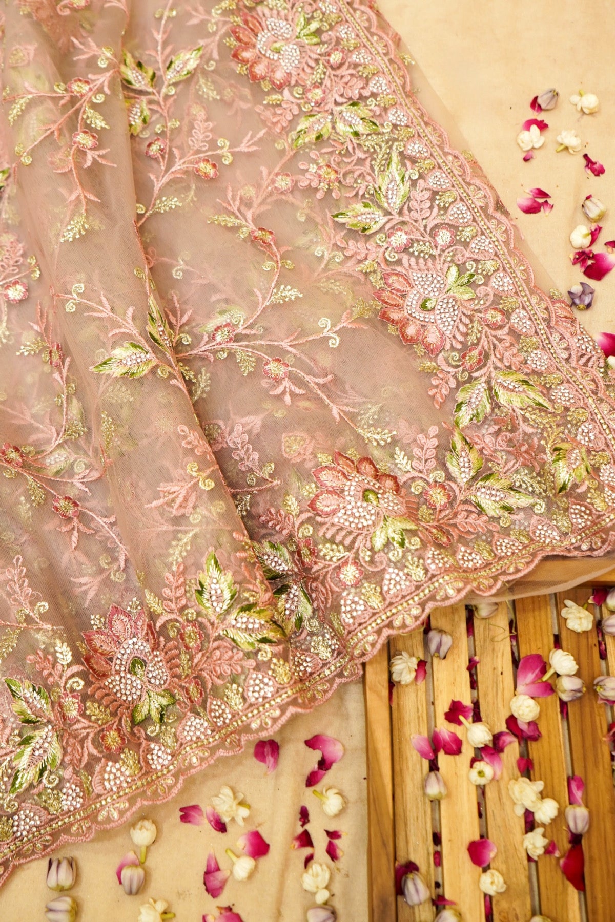 Dusty Rose Wildflower Garden Embroidered Net Saree