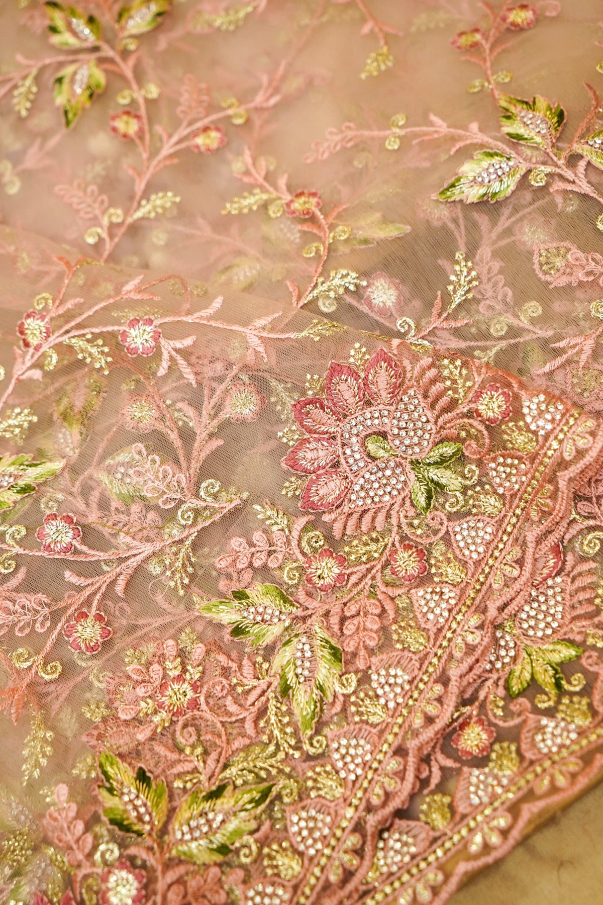 Dusty Rose Wildflower Garden Embroidered Net Saree
