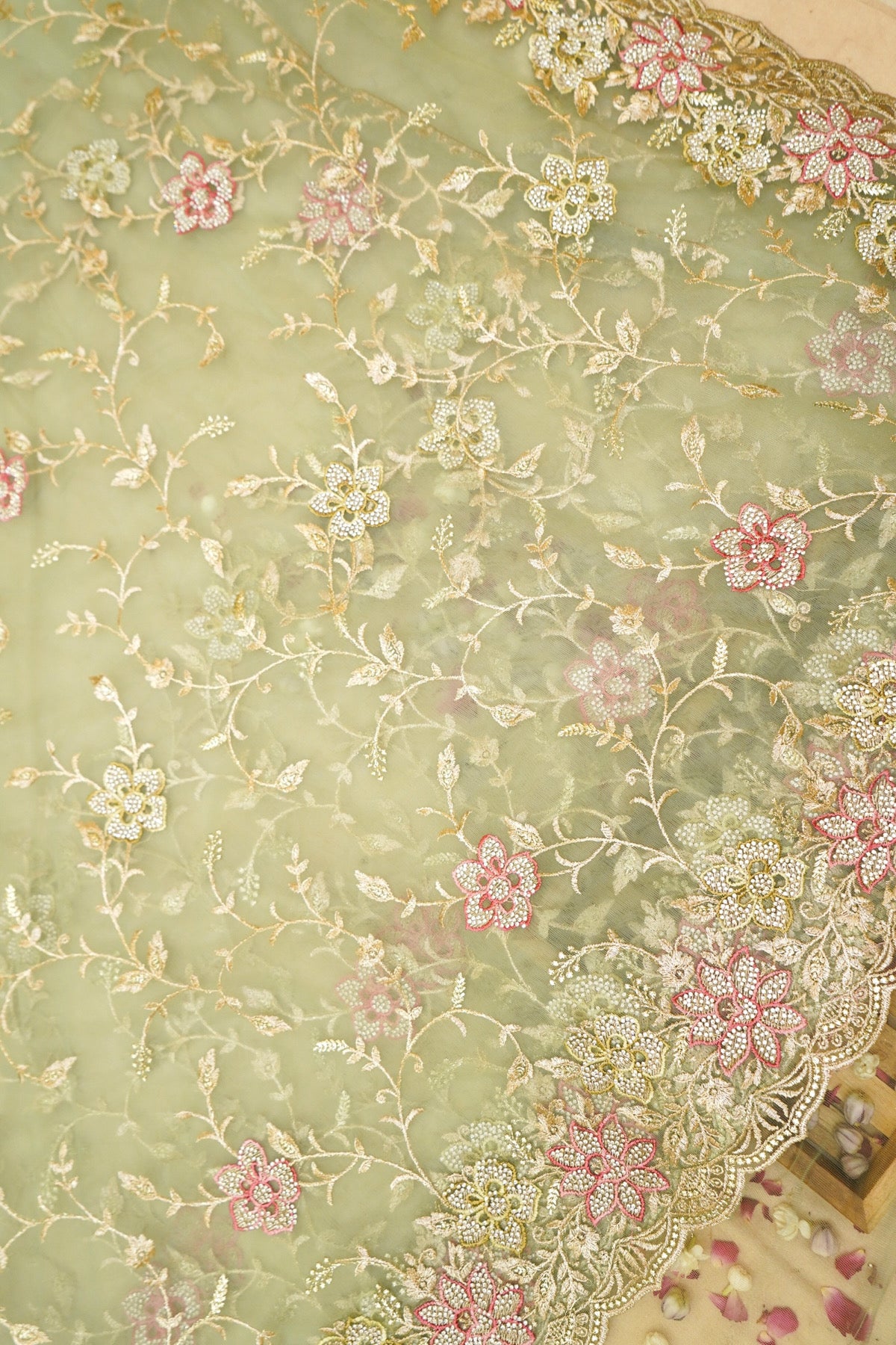 Sage Green Pearl Floral Embroidered Designer Net Saree