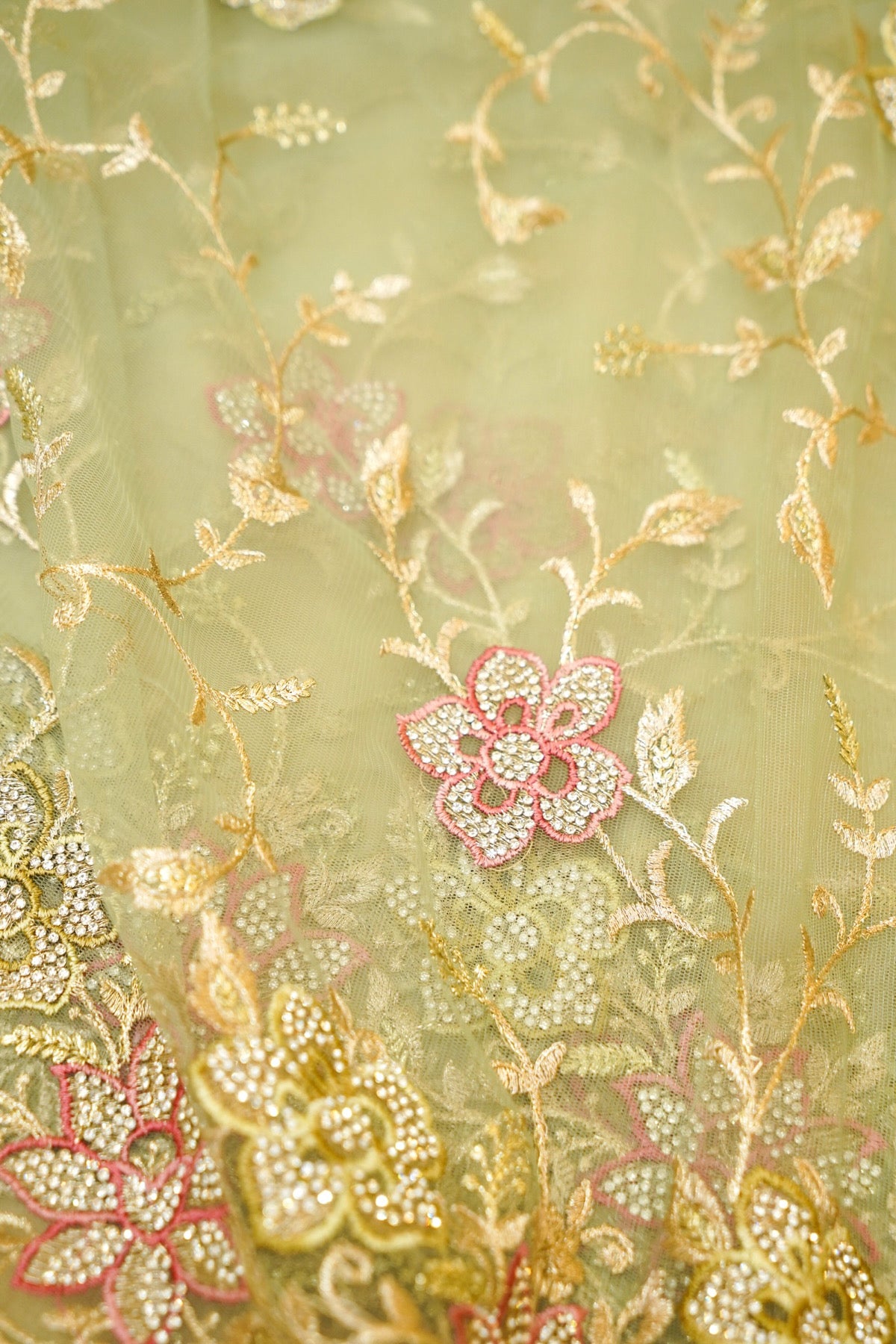 Sage Green Pearl Floral Embroidered Designer Net Saree