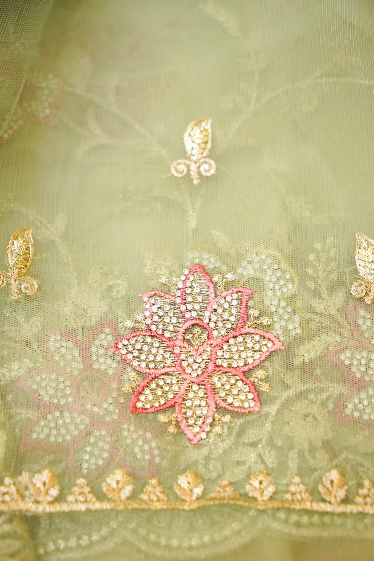 Sage Green Pearl Floral Embroidered Designer Net Saree