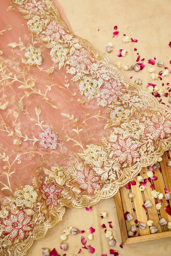 Blush Peach Pearl Floral Embroidered Designer Net Saree