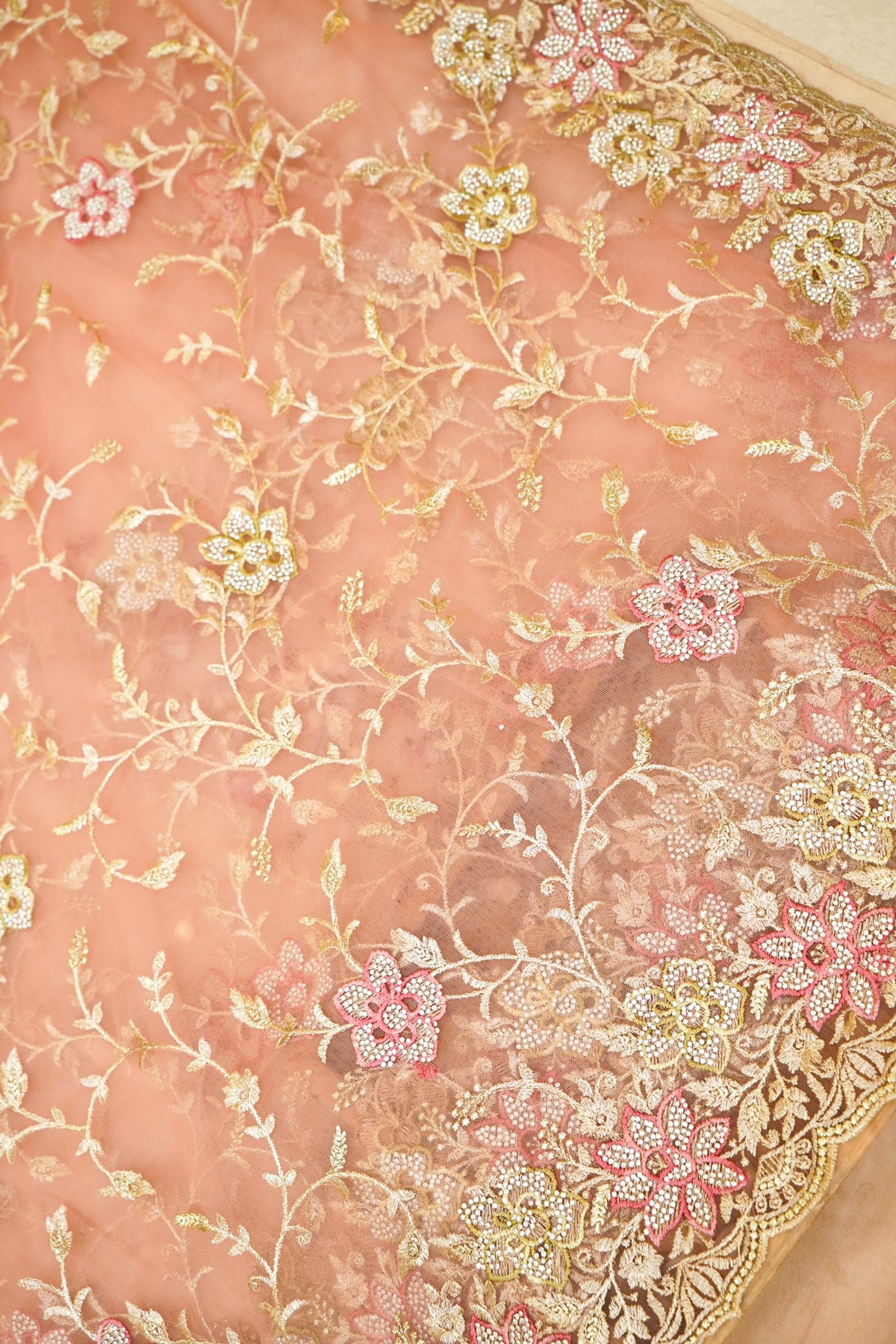 Blush Peach Pearl Floral Embroidered Designer Net Saree