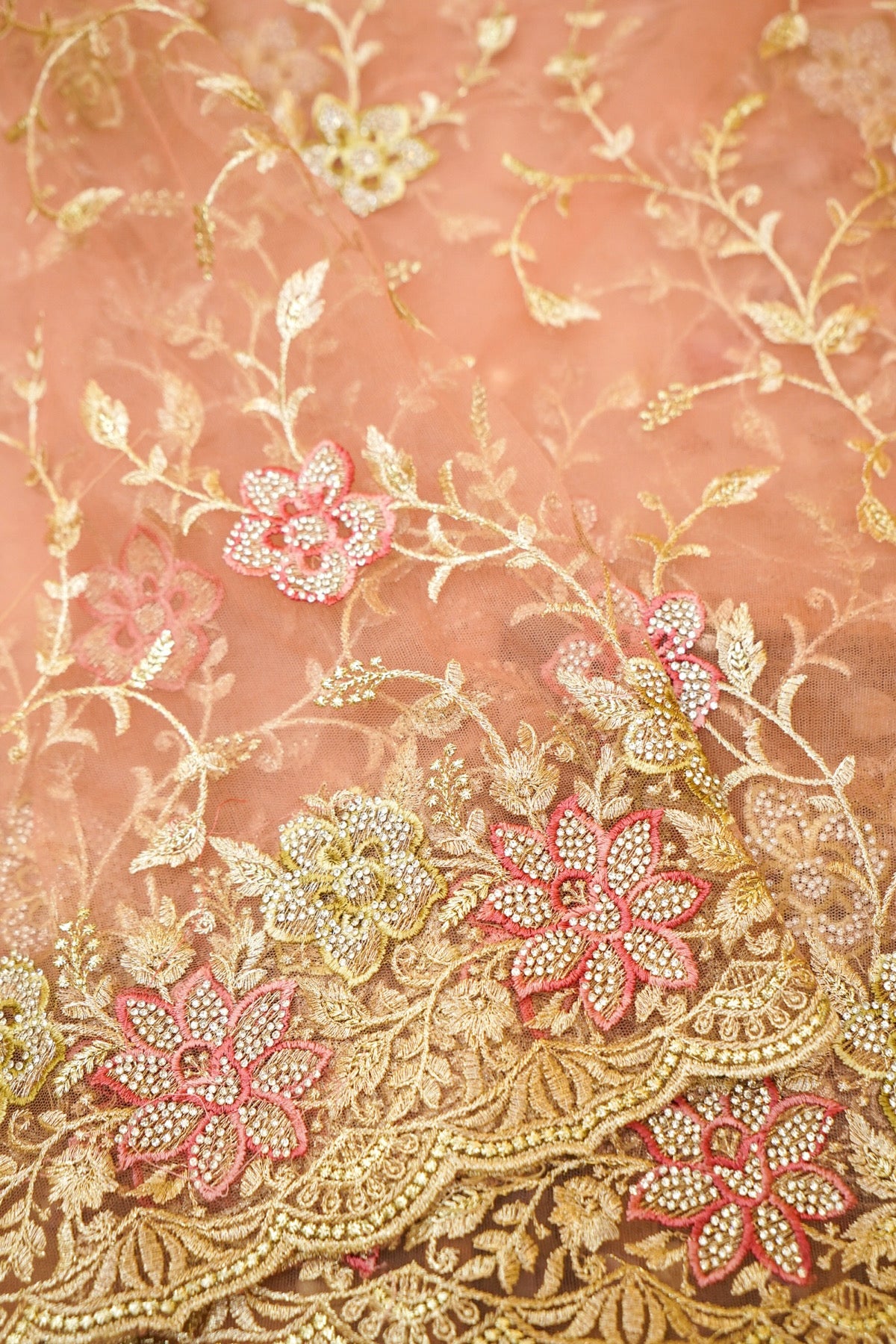 Blush Peach Pearl Floral Embroidered Designer Net Saree