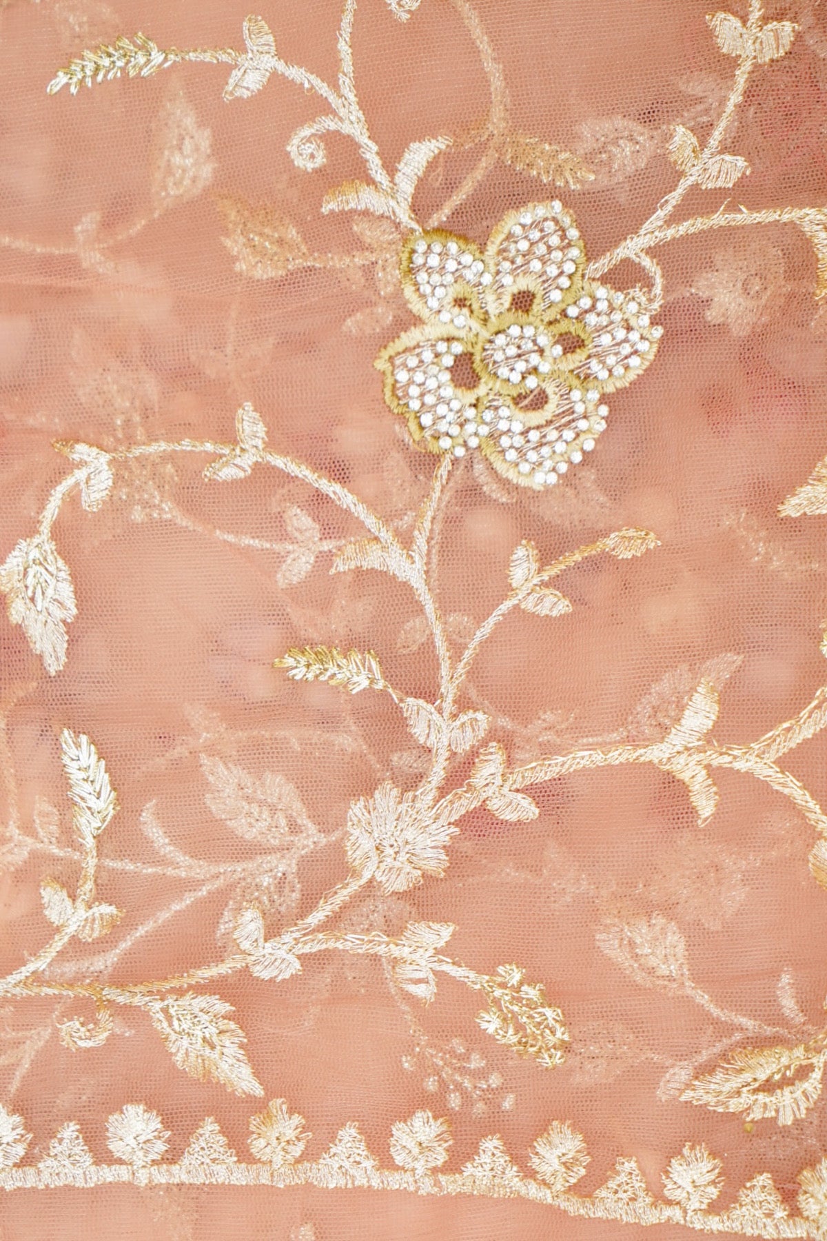 Blush Peach Pearl Floral Embroidered Designer Net Saree
