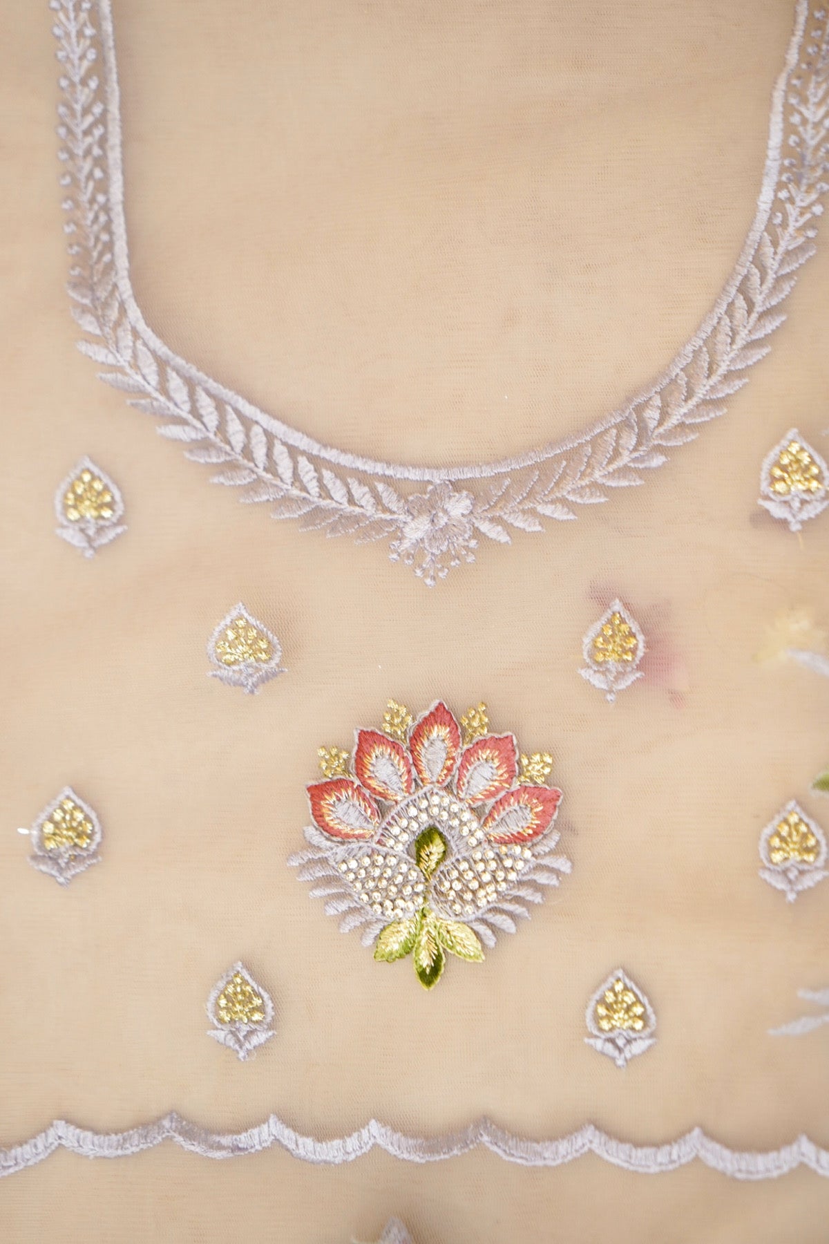 Silver Grey Wildflower Garden Embroidered Net Saree