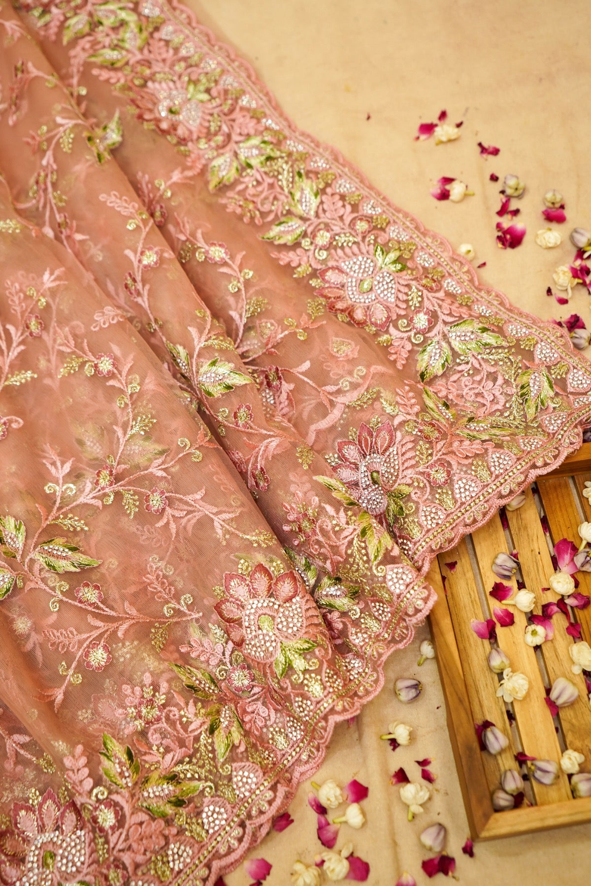 Peach Pink Wildflower Garden Embroidered Net Saree