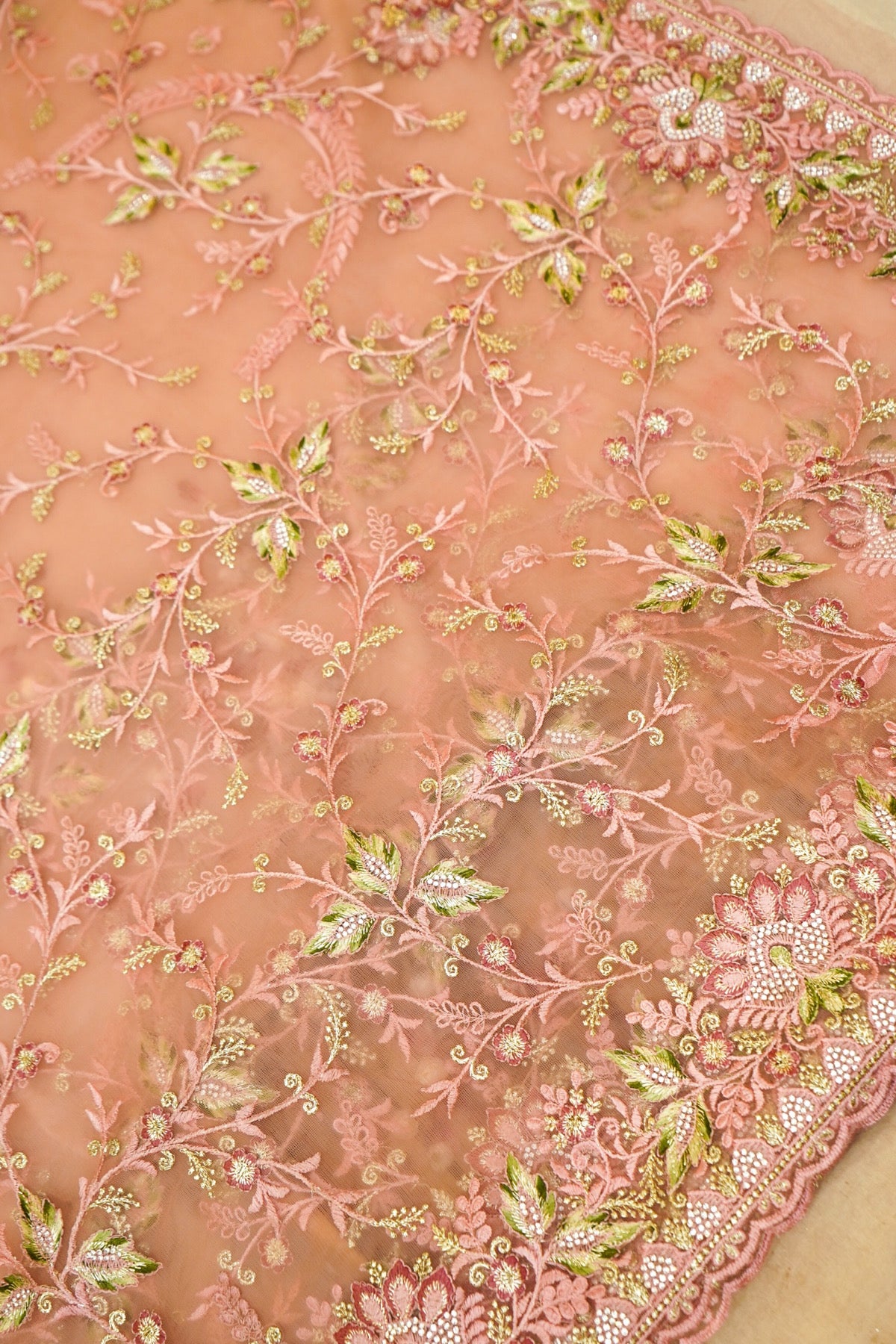 Peach Pink Wildflower Garden Embroidered Net Saree