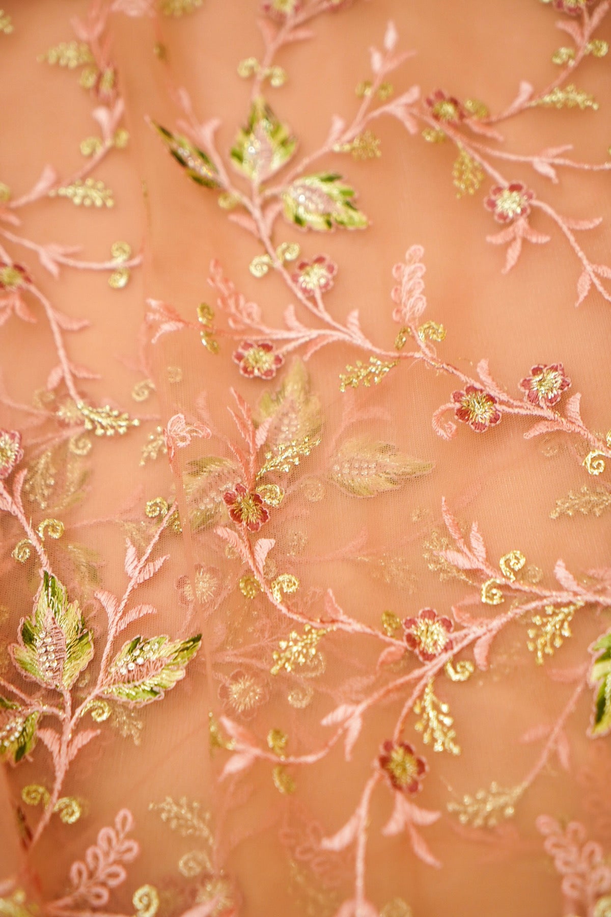 Peach Pink Wildflower Garden Embroidered Net Saree