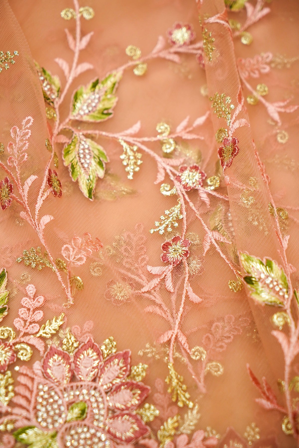 Peach Pink Wildflower Garden Embroidered Net Saree