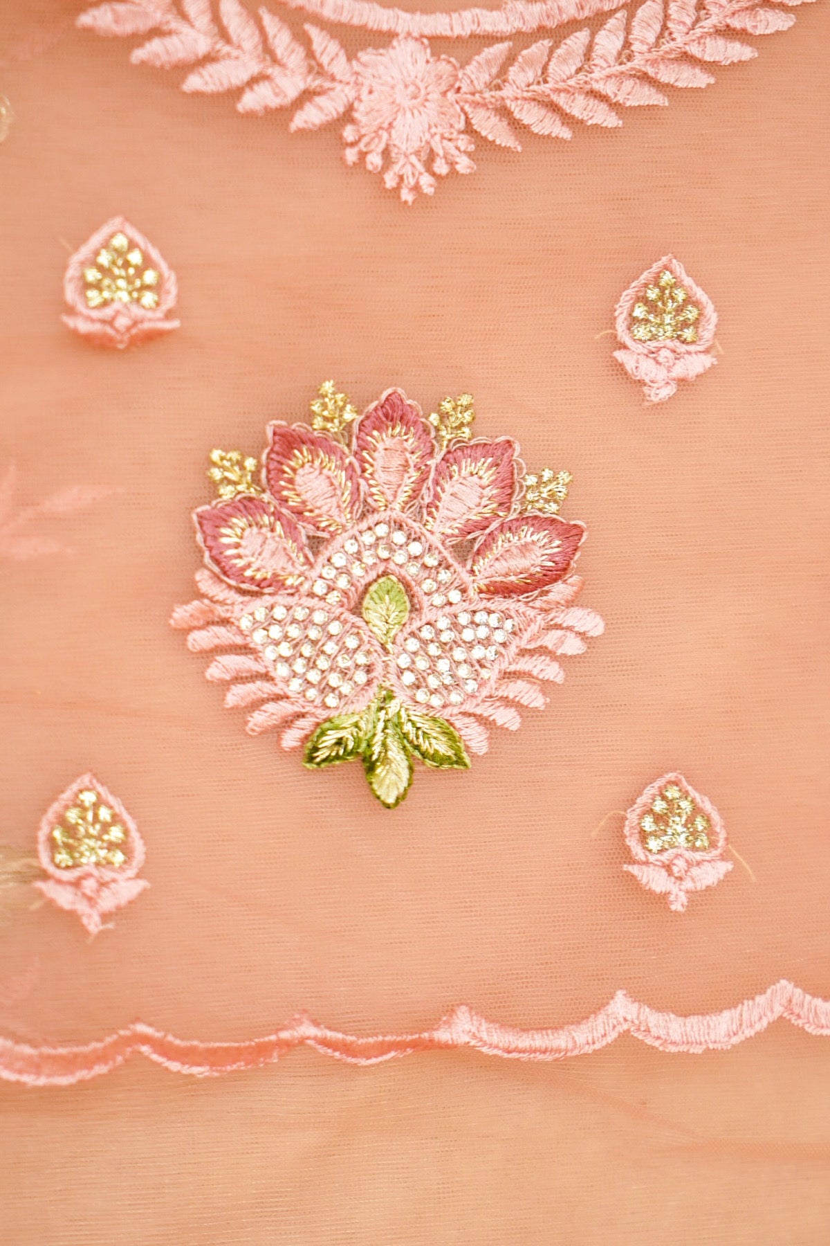 Peach Pink Wildflower Garden Embroidered Net Saree