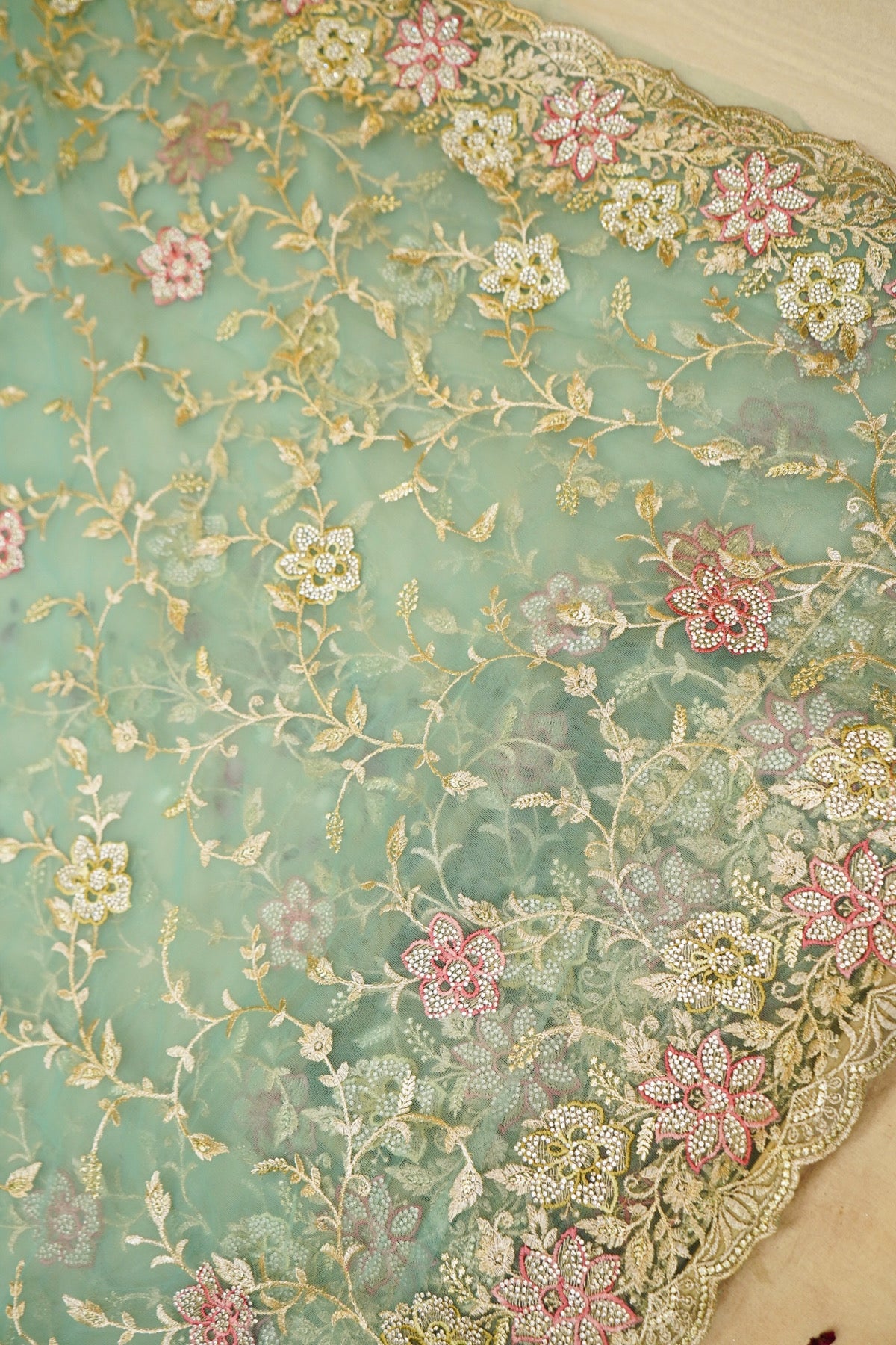 Aqua Blue Pearl Floral Embroidered Designer Net Saree