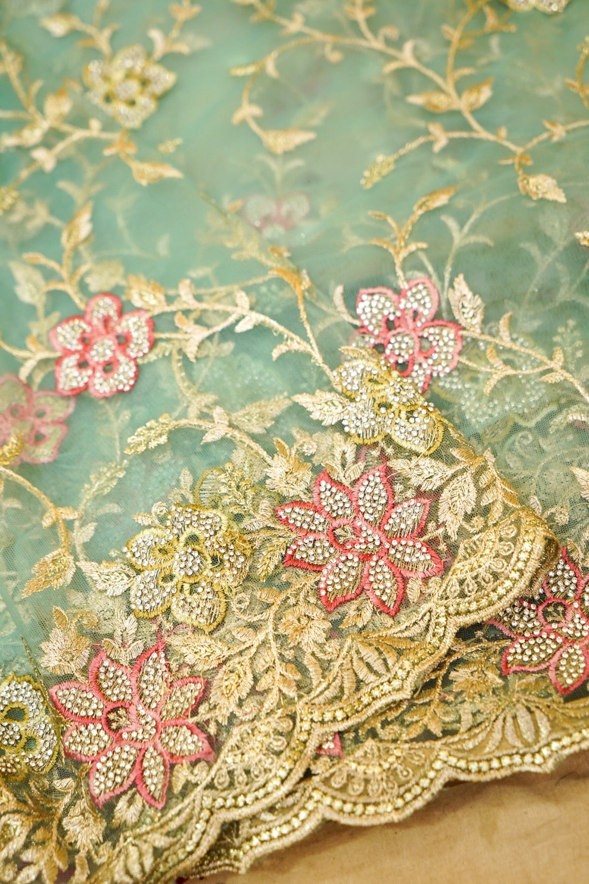 Aqua Blue Pearl Floral Embroidered Designer Net Saree