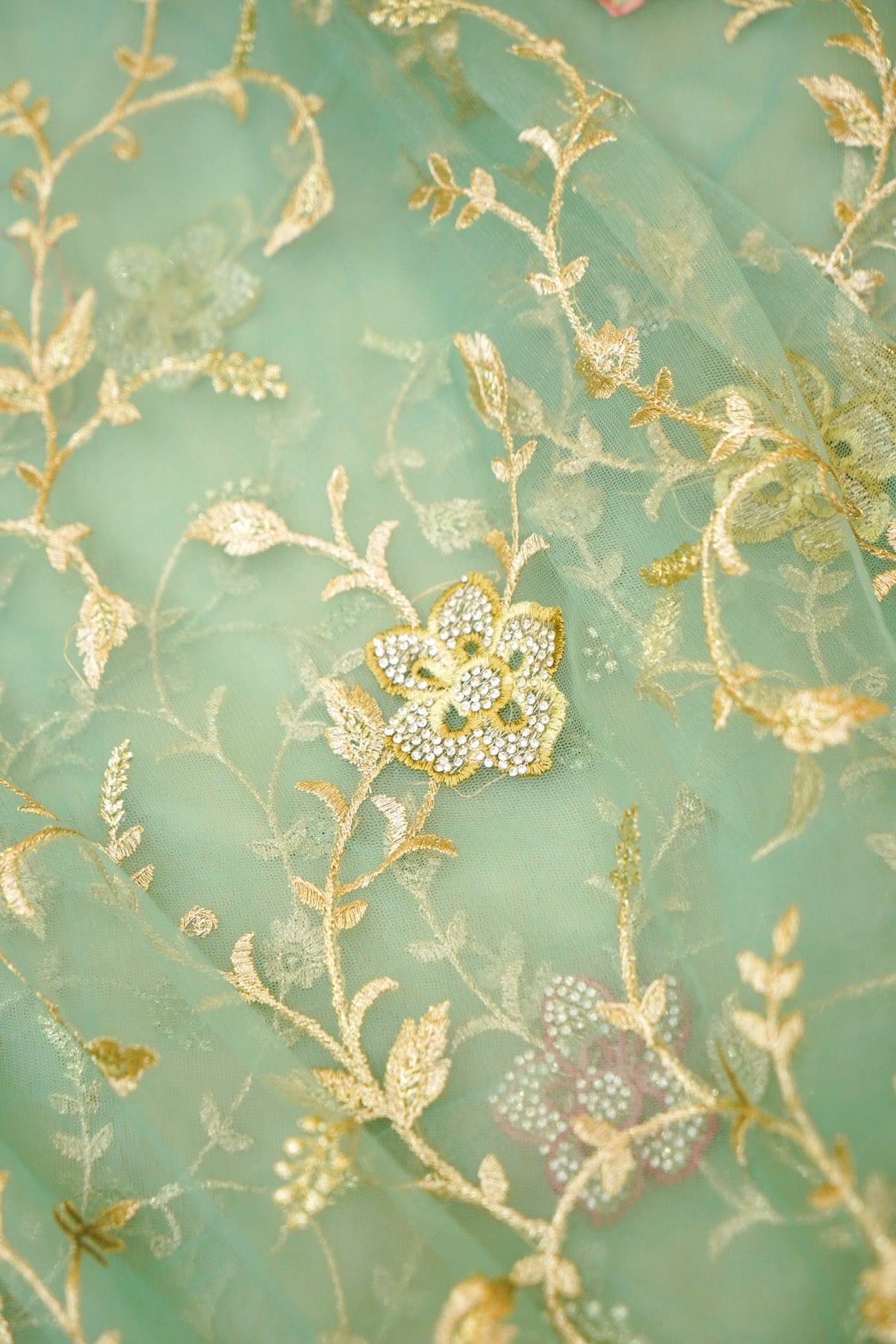 Aqua Blue Pearl Floral Embroidered Designer Net Saree
