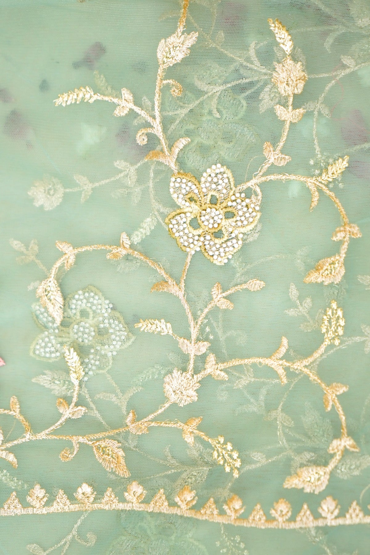 Aqua Blue Pearl Floral Embroidered Designer Net Saree