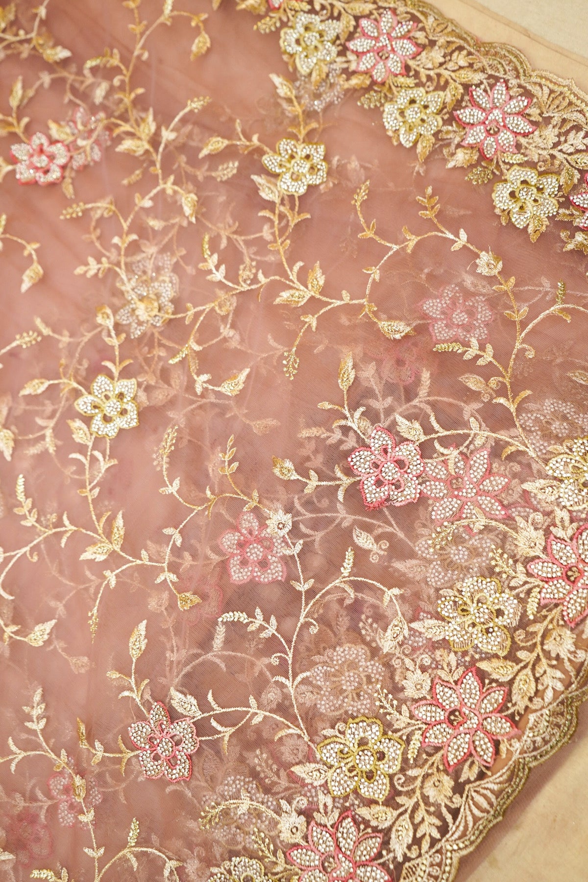 Dusty Mauve Pearl Floral Embroidered Designer Net Saree