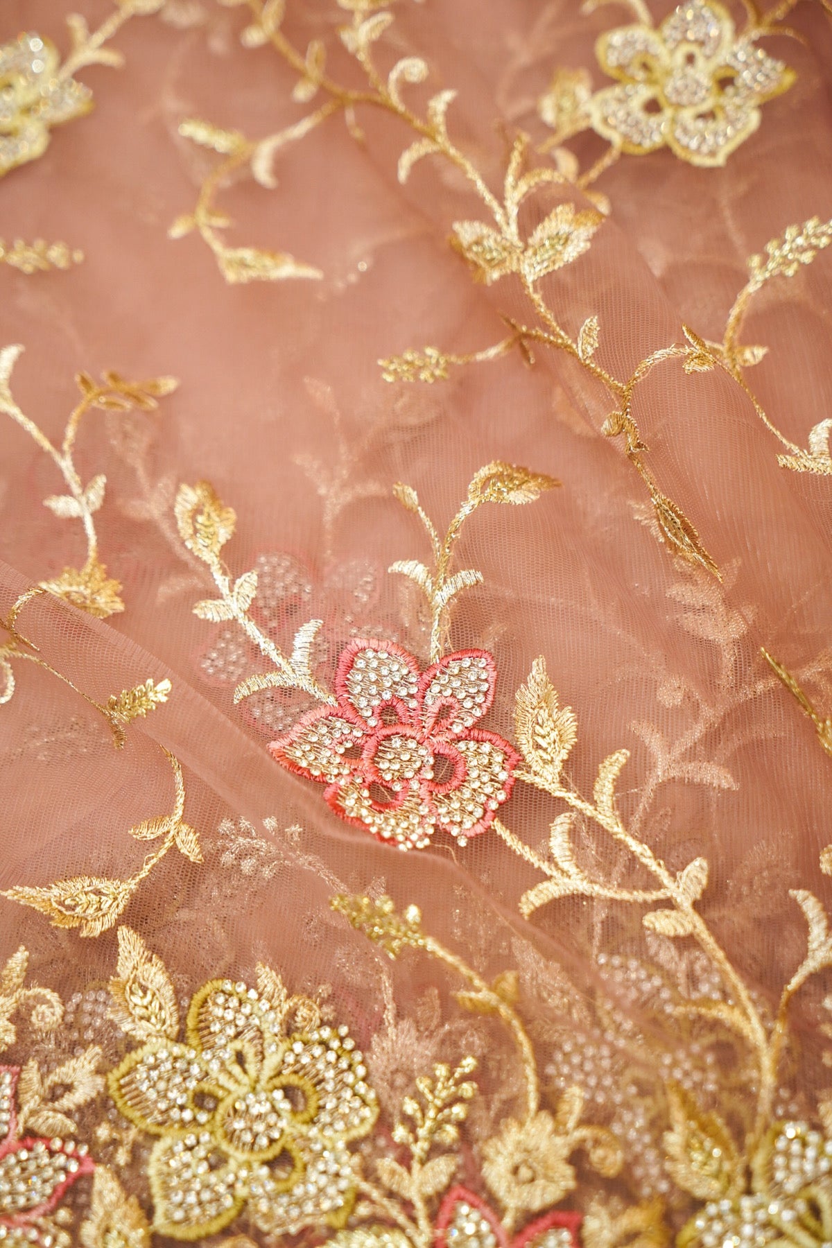 Dusty Mauve Pearl Floral Embroidered Designer Net Saree