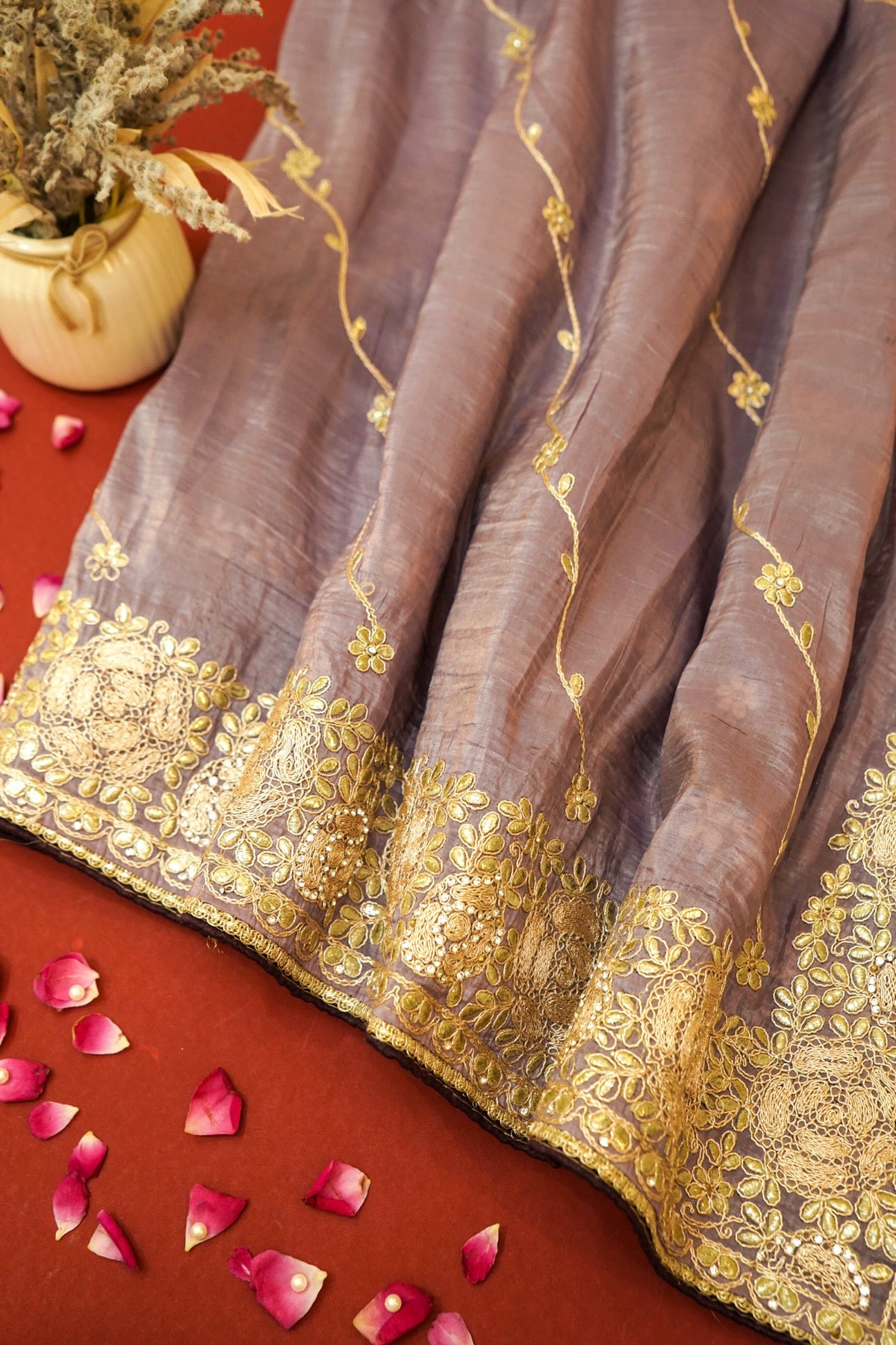Mauve Designer Saree with Floral Embroidered Border