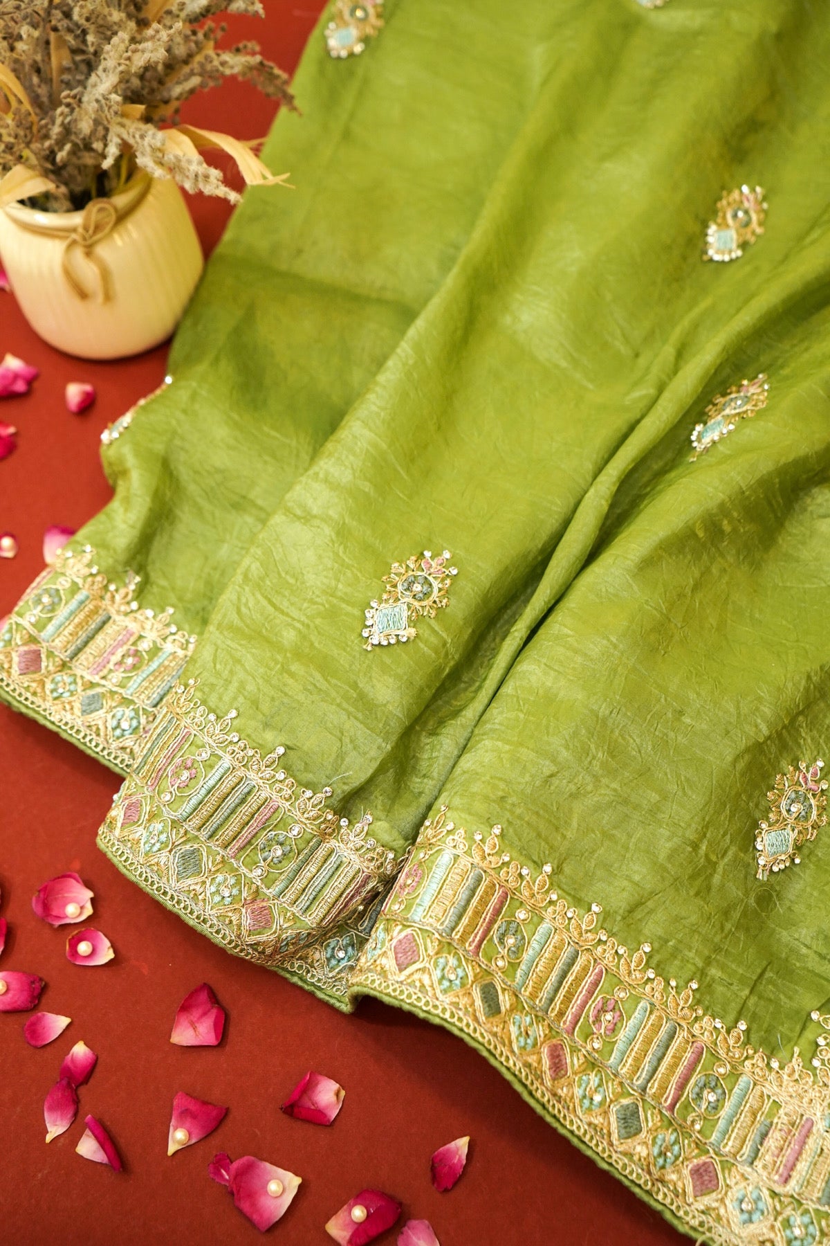 Mosaic Jewel Designer Tissue Saree – Olive Green