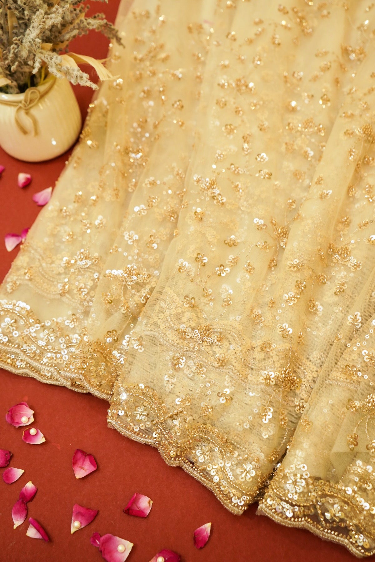 Champagne Gold Sequined Floral Vine Designer Net Saree