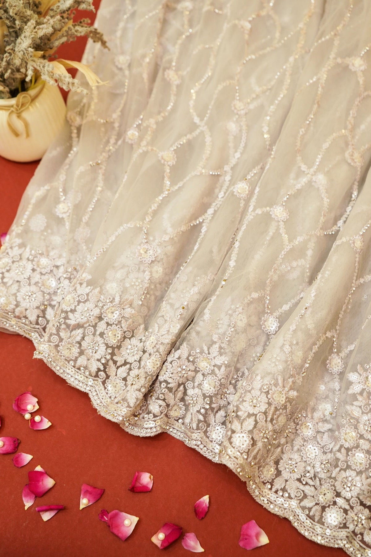 Sequin Embroidery Designer Net Saree - Ivory