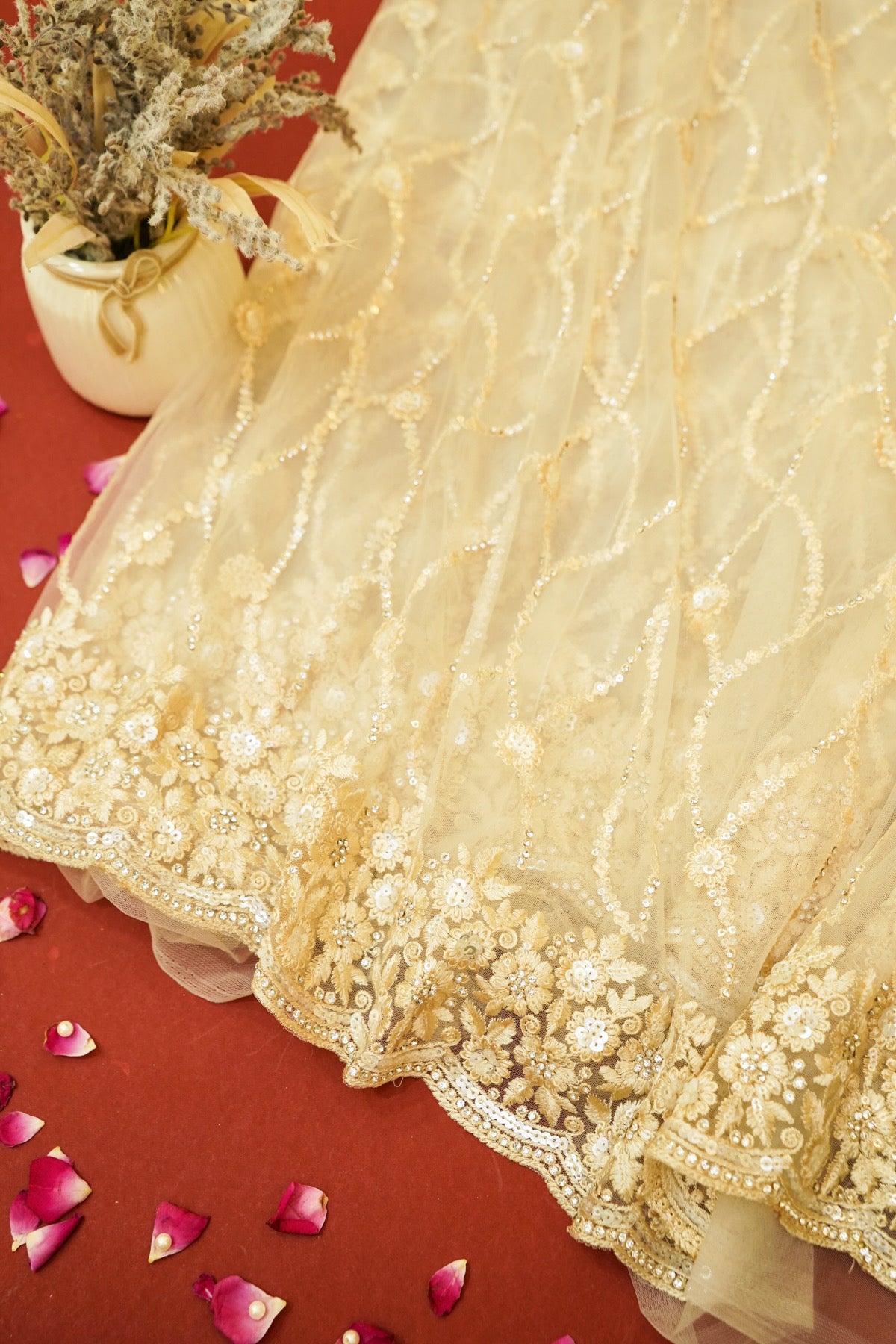 Sequin Embroidery Designer Net Saree - Pearl