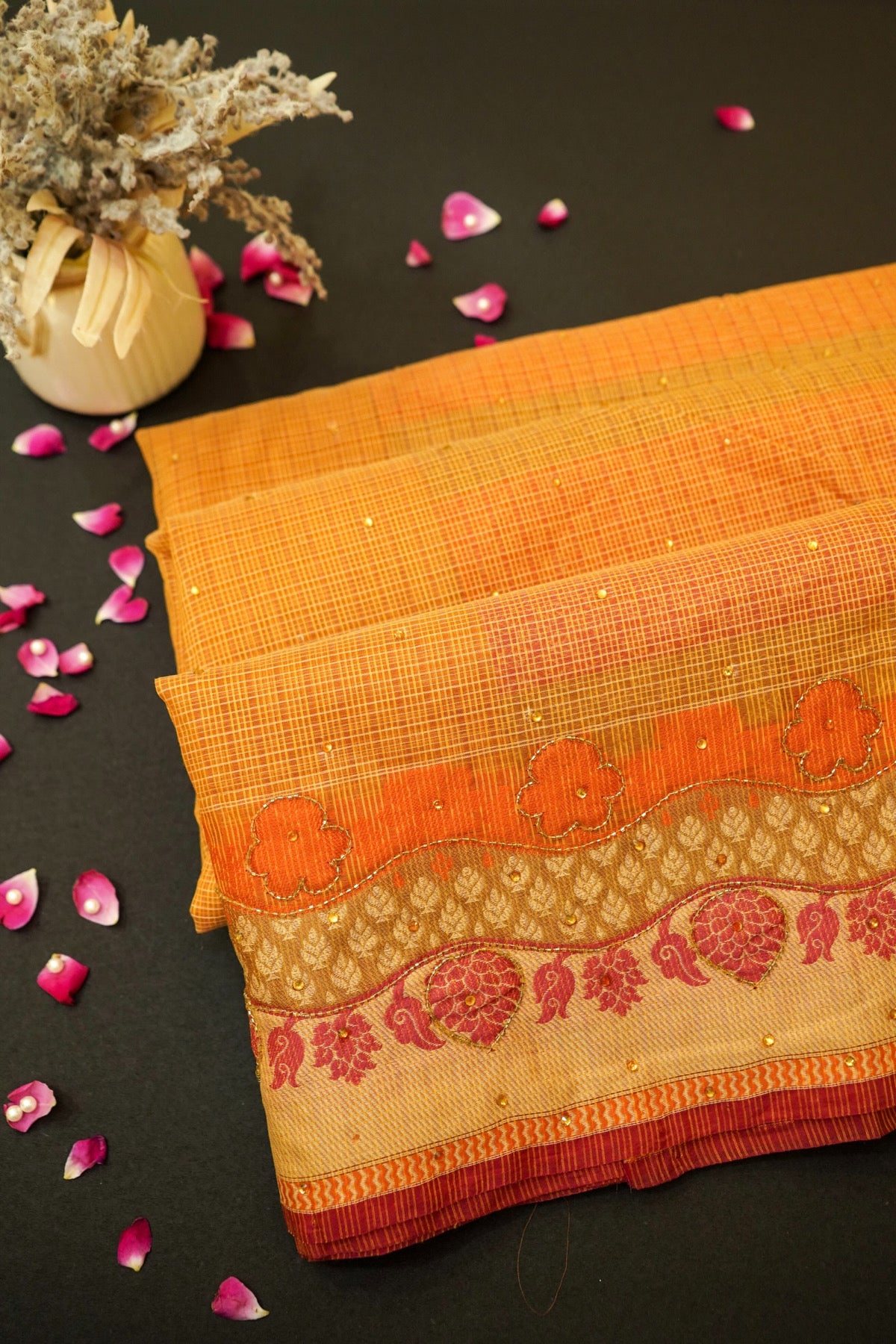 Sunset Orange Banarasi Cotton Saree with Woven Zari Border