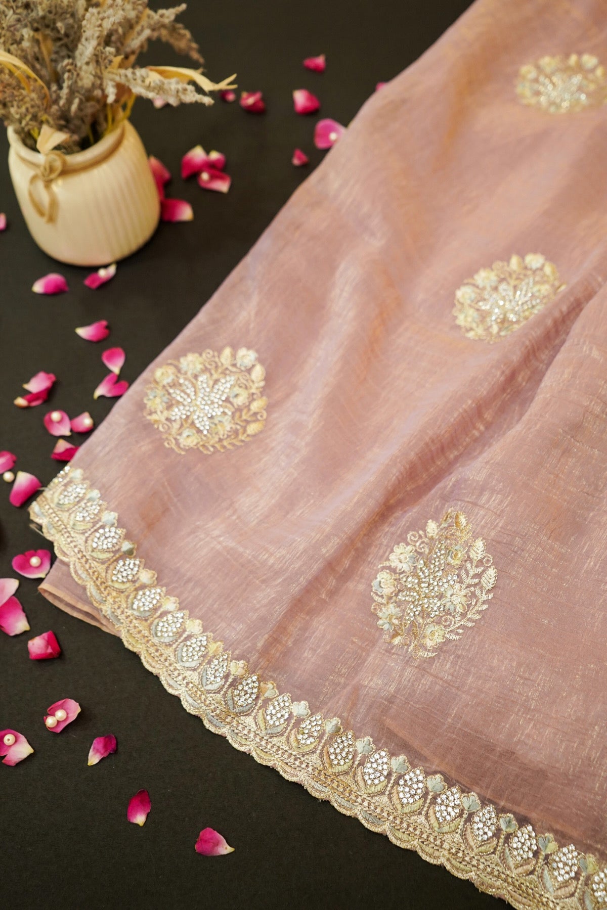 Blush Pink Banarasi Cotton Saree with Floral Embroidery & Scalloped Border