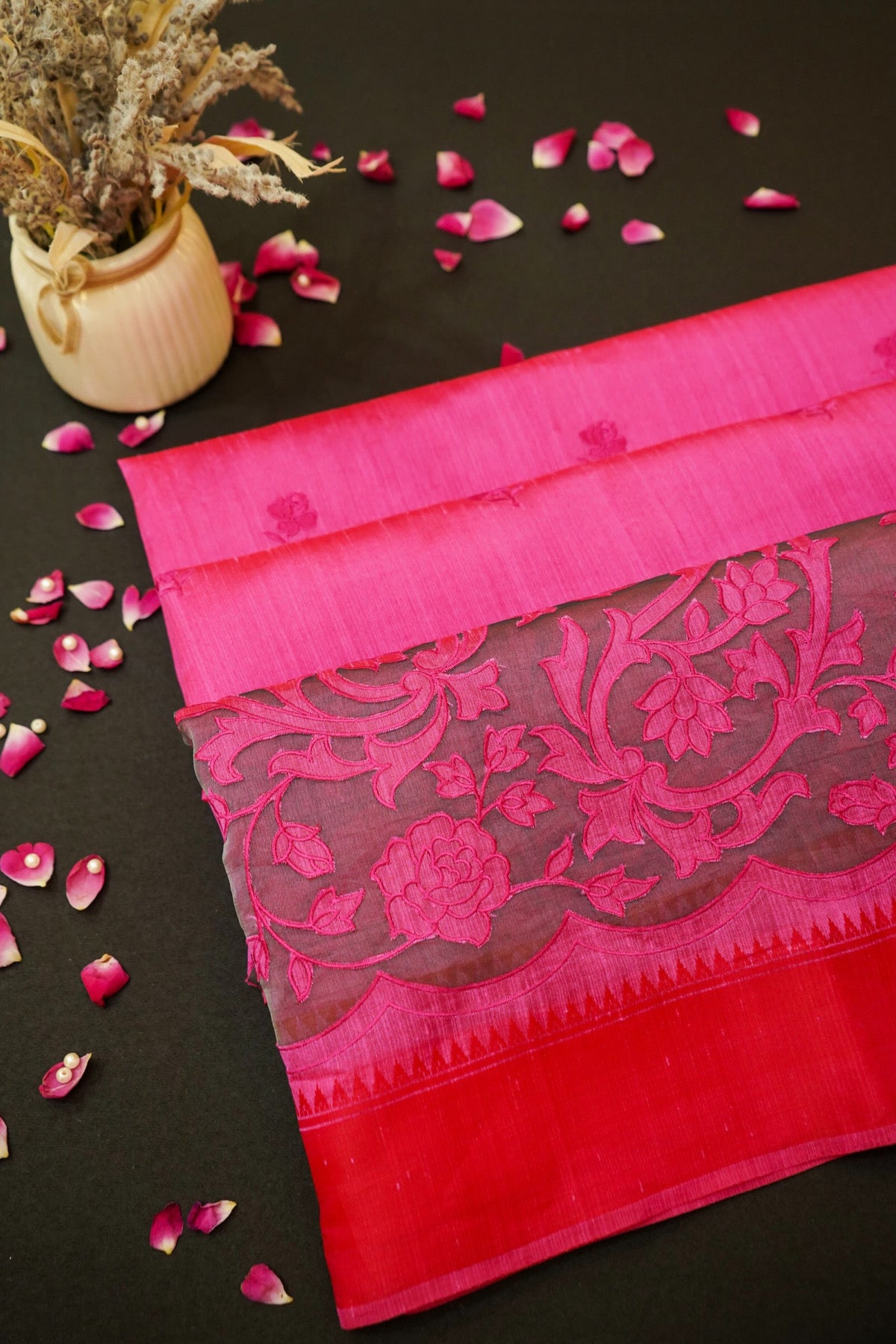 Rani Pink Banarasi Cotton Saree with Floral Cutwork Pallu