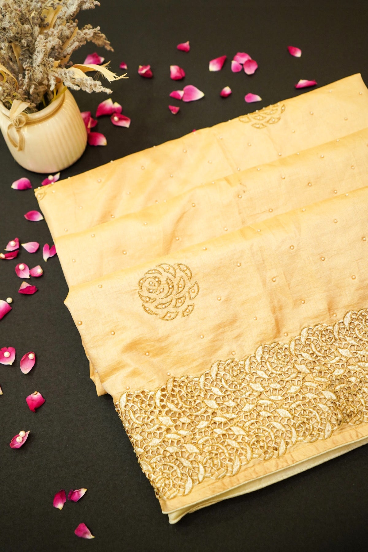Cream Banarasi Cotton Saree with Embroidered Border