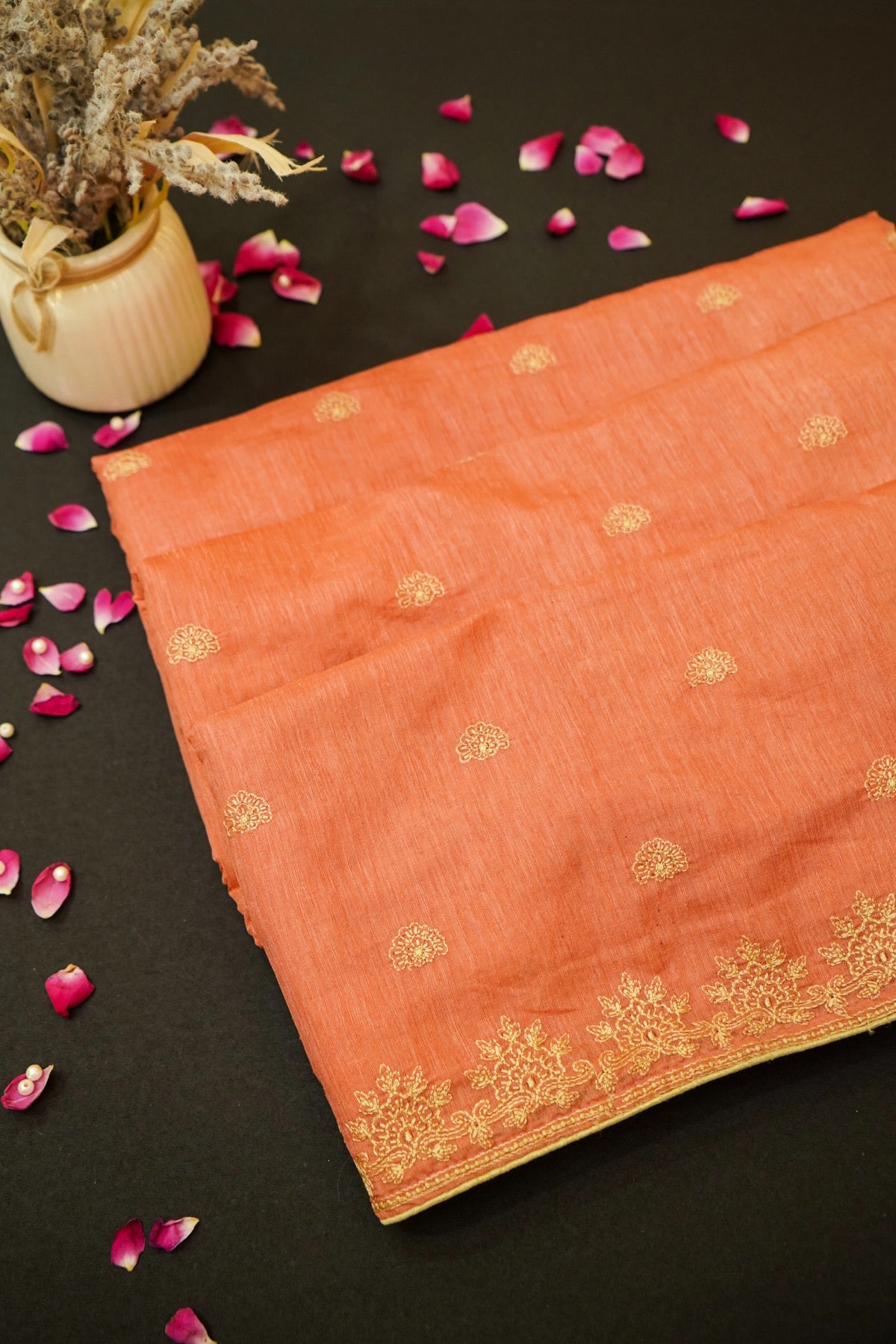 Peach Banarasi Cotton Saree with Delicate Embroidered Motifs