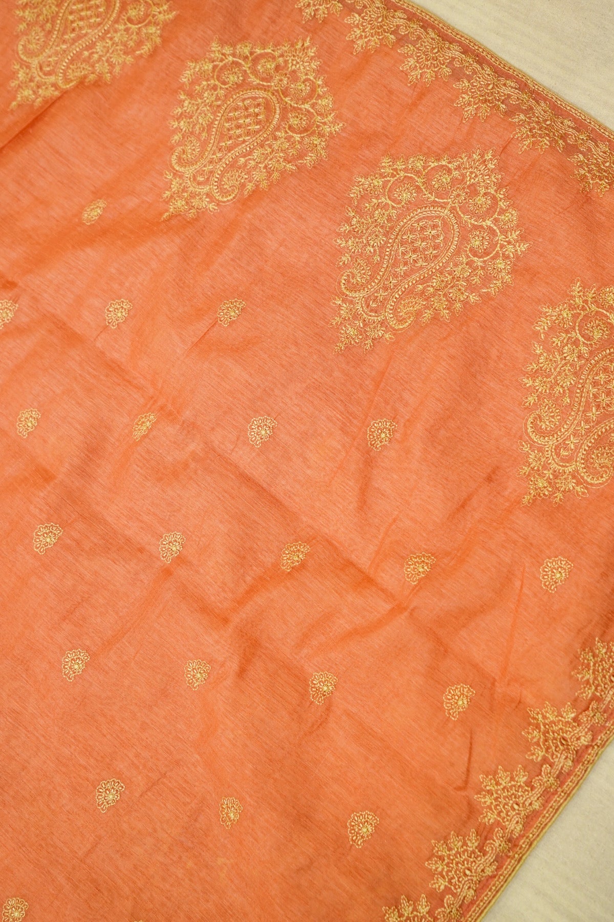 Peach Banarasi Cotton Saree with Delicate Embroidered Motifs