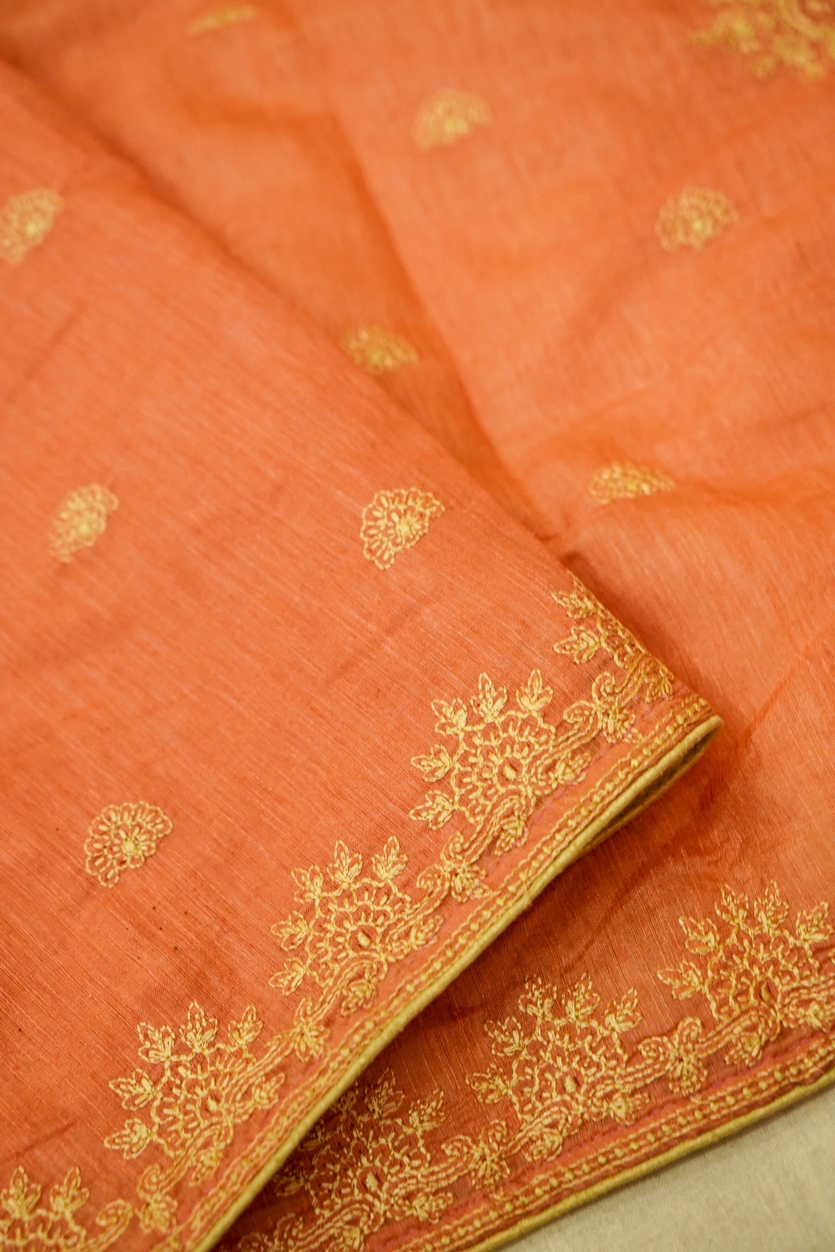 Peach Banarasi Cotton Saree with Delicate Embroidered Motifs
