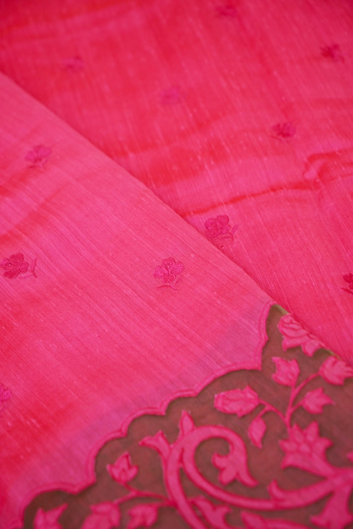 Rani Pink Banarasi Cotton Saree with Floral Cutwork Pallu