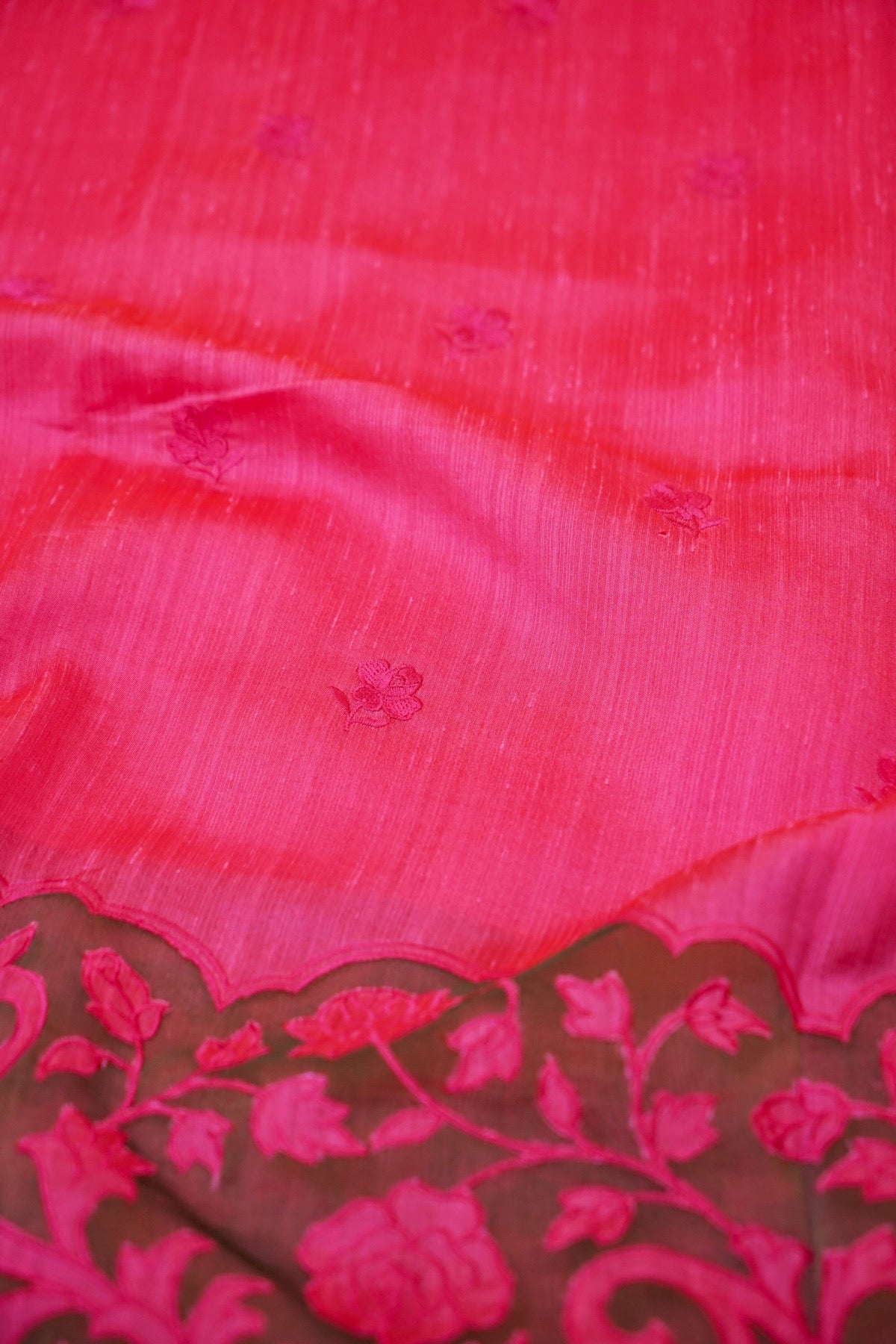 Rani Pink Banarasi Cotton Saree with Floral Cutwork Pallu